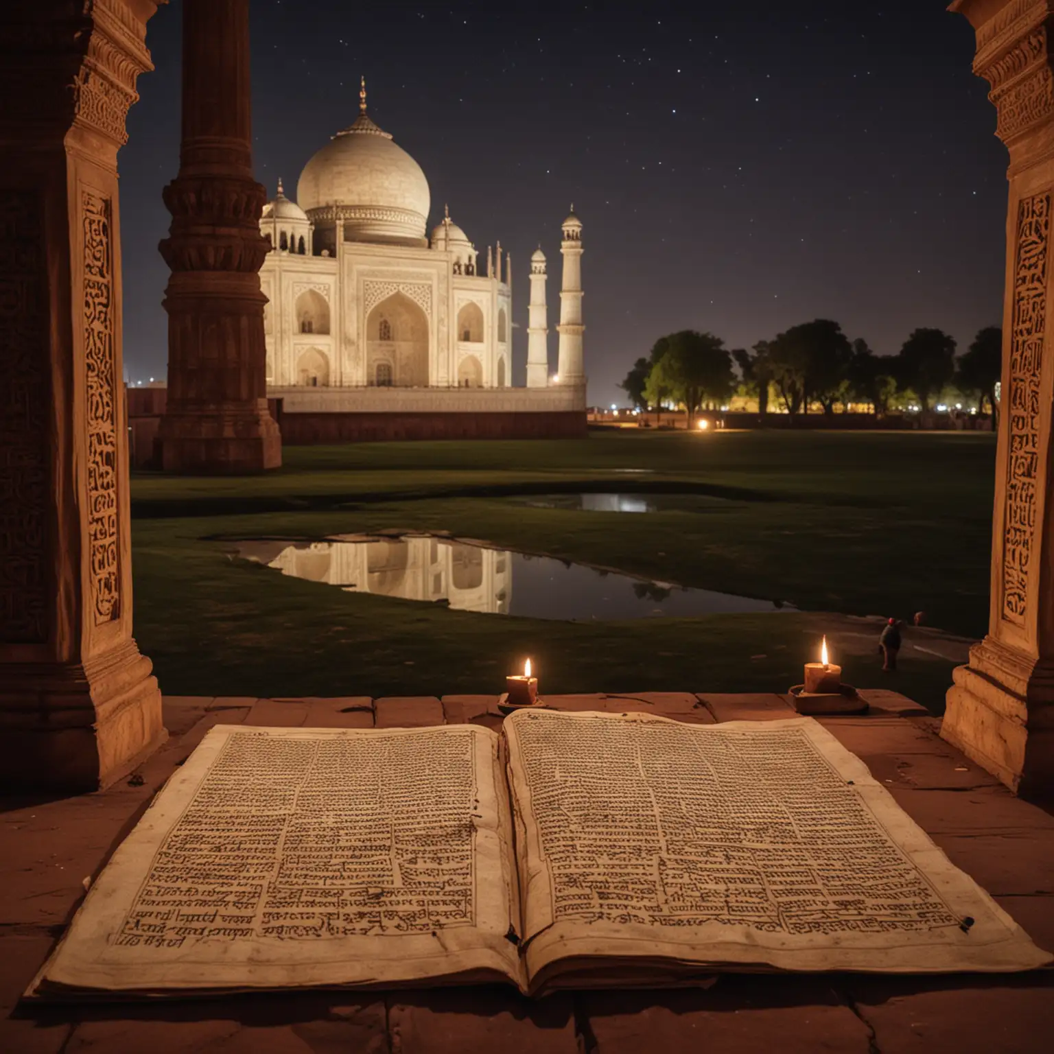 Ancient Tantra texts over a pooja kunda set to the background of the Taj Mahal at night
