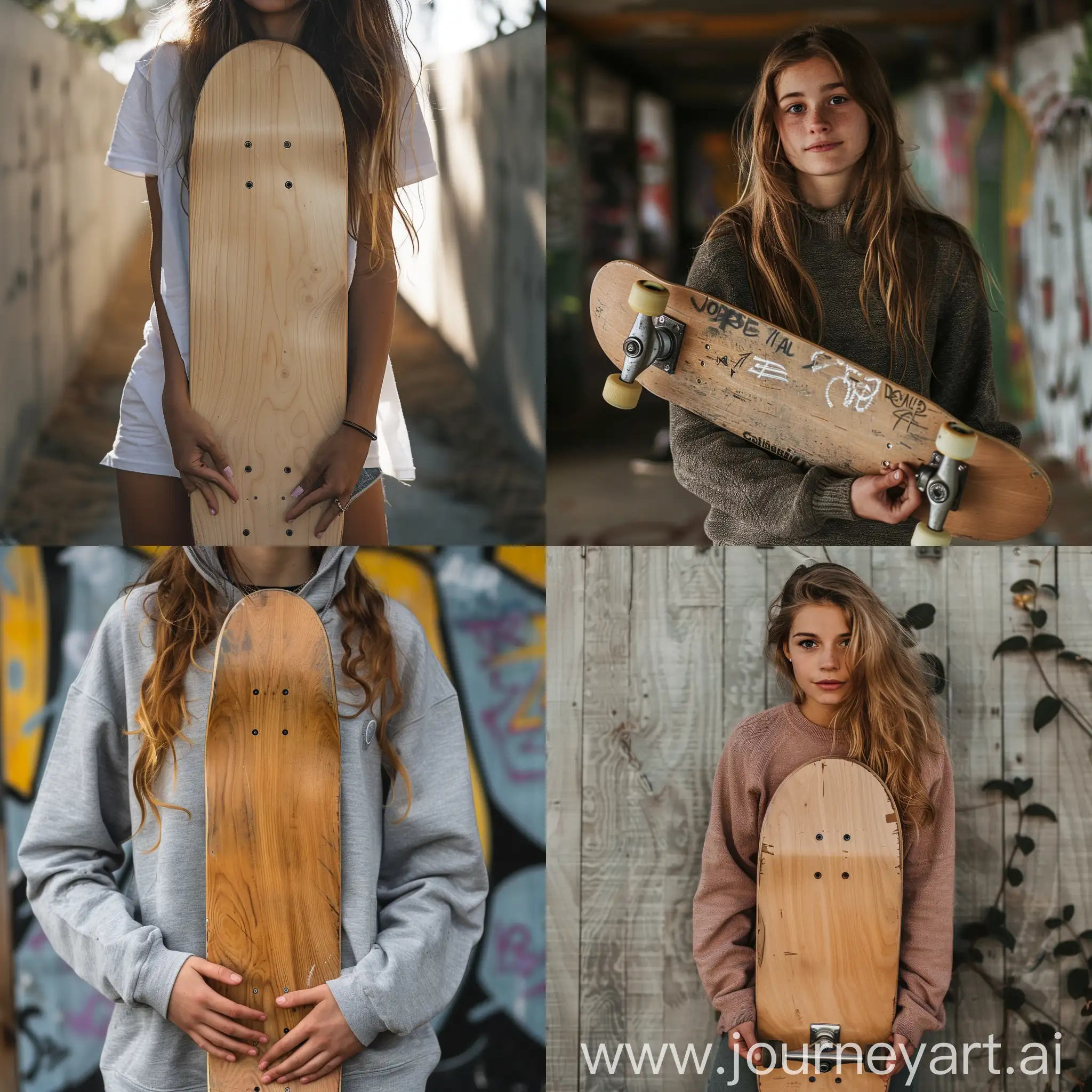 girl holding plain wooden skateboard in both hand vertically , half image , potrait , stock images , priority skateboard , front face of girl 