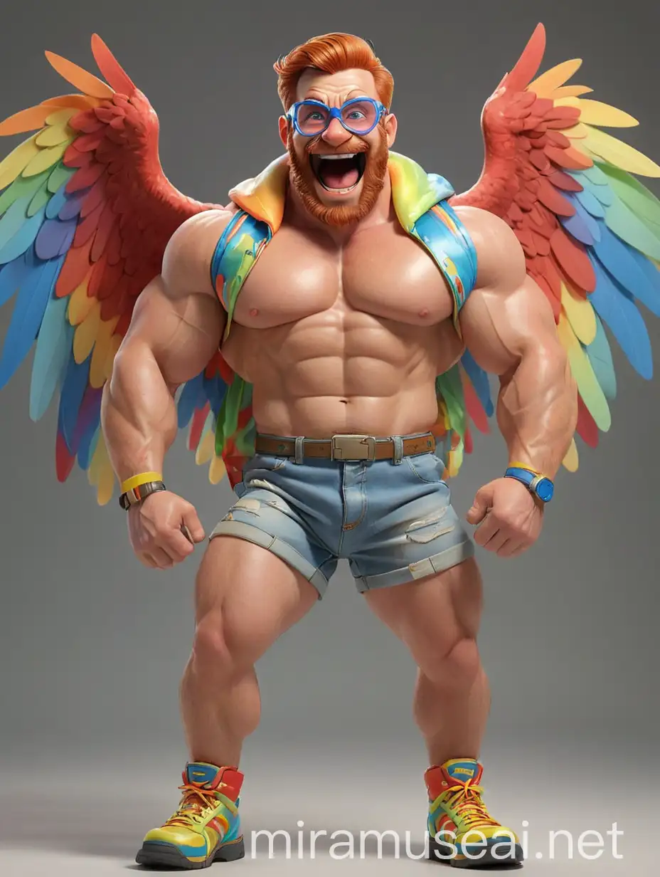 Big Eyes Subtle Smile Topless 40s Ultra beefy Red Head Bodybuilder Daddy with Beard Wearing Multi-Highlighter Bright Rainbow Colored See Through huge Eagle Wings Shoulder Jacket short shorts long legs short boots and Flexing his Big Strong Arm Up with Doraemon Goggles on forehead side pose