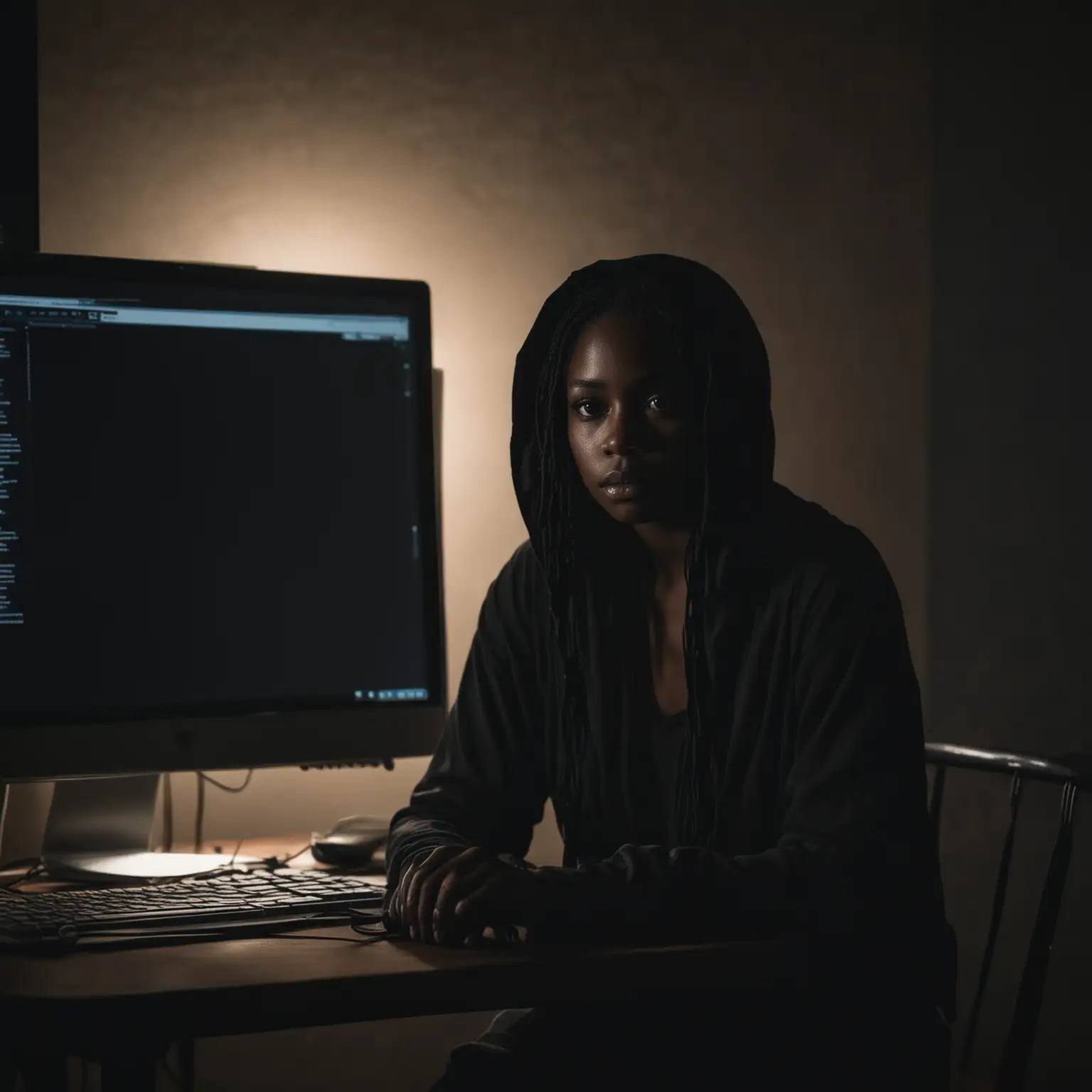 Enigmatic Black Woman Immersed in Darkness at Computer Screen