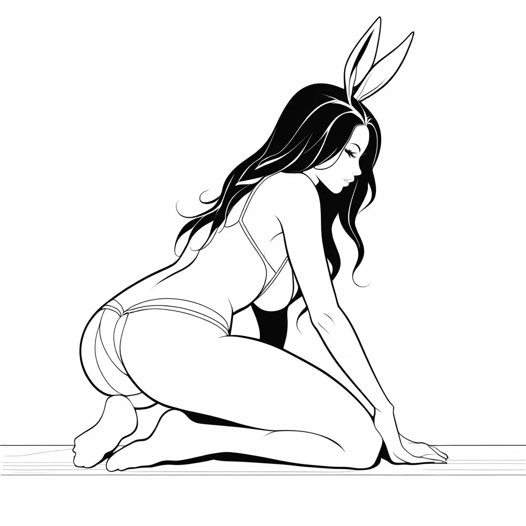 Sexy bunny slavegirl on floor presents ass, in profile, Coloring Page, black and white, line art, white background, Simplicity, Ample White Space. The background of the coloring page is plain white to make it easy for young children to color within the lines. The outlines of all the subjects are easy to distinguish, making it simple for kids to color without too much difficulty