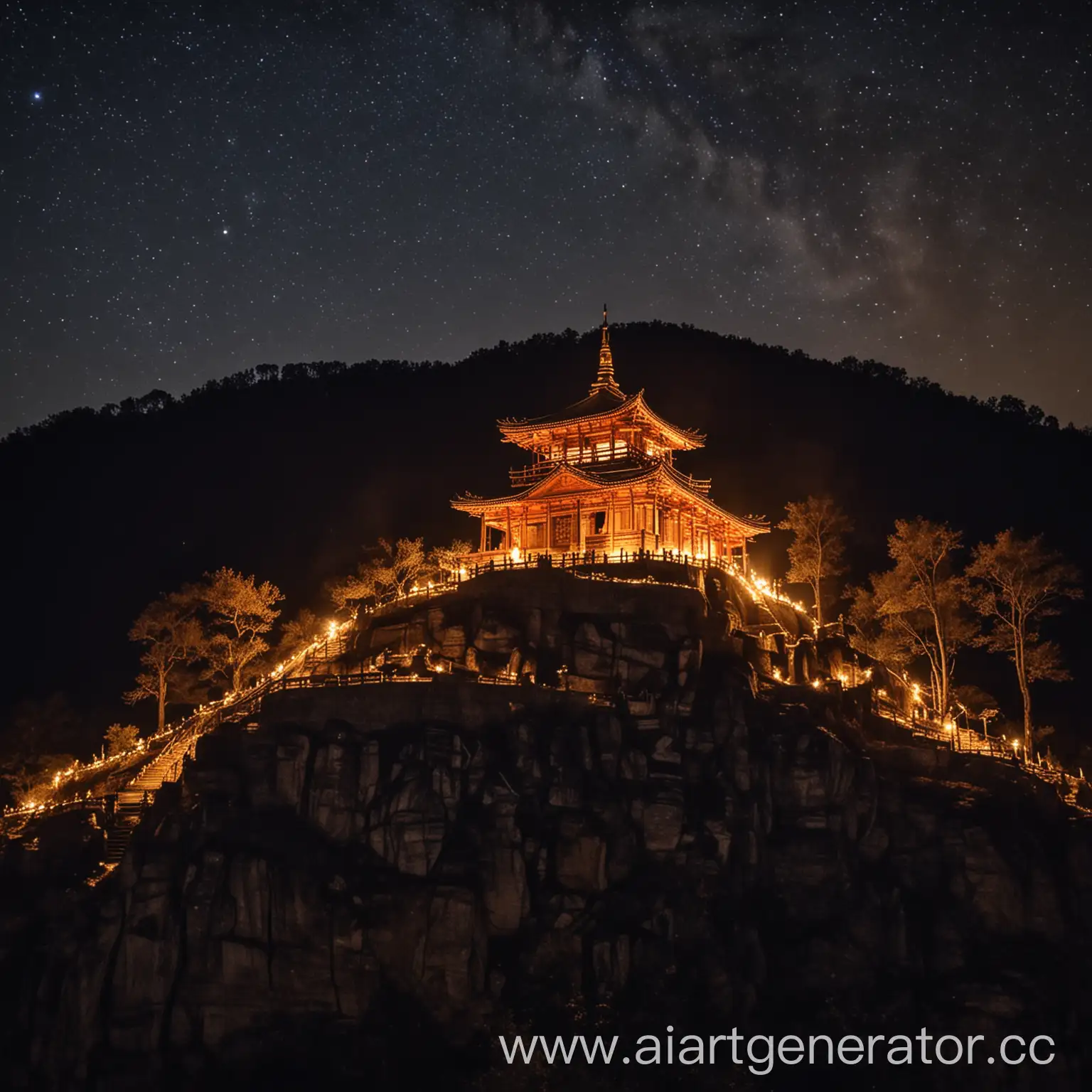 Mountain-Temple-Illuminated-by-Starlit-Fires