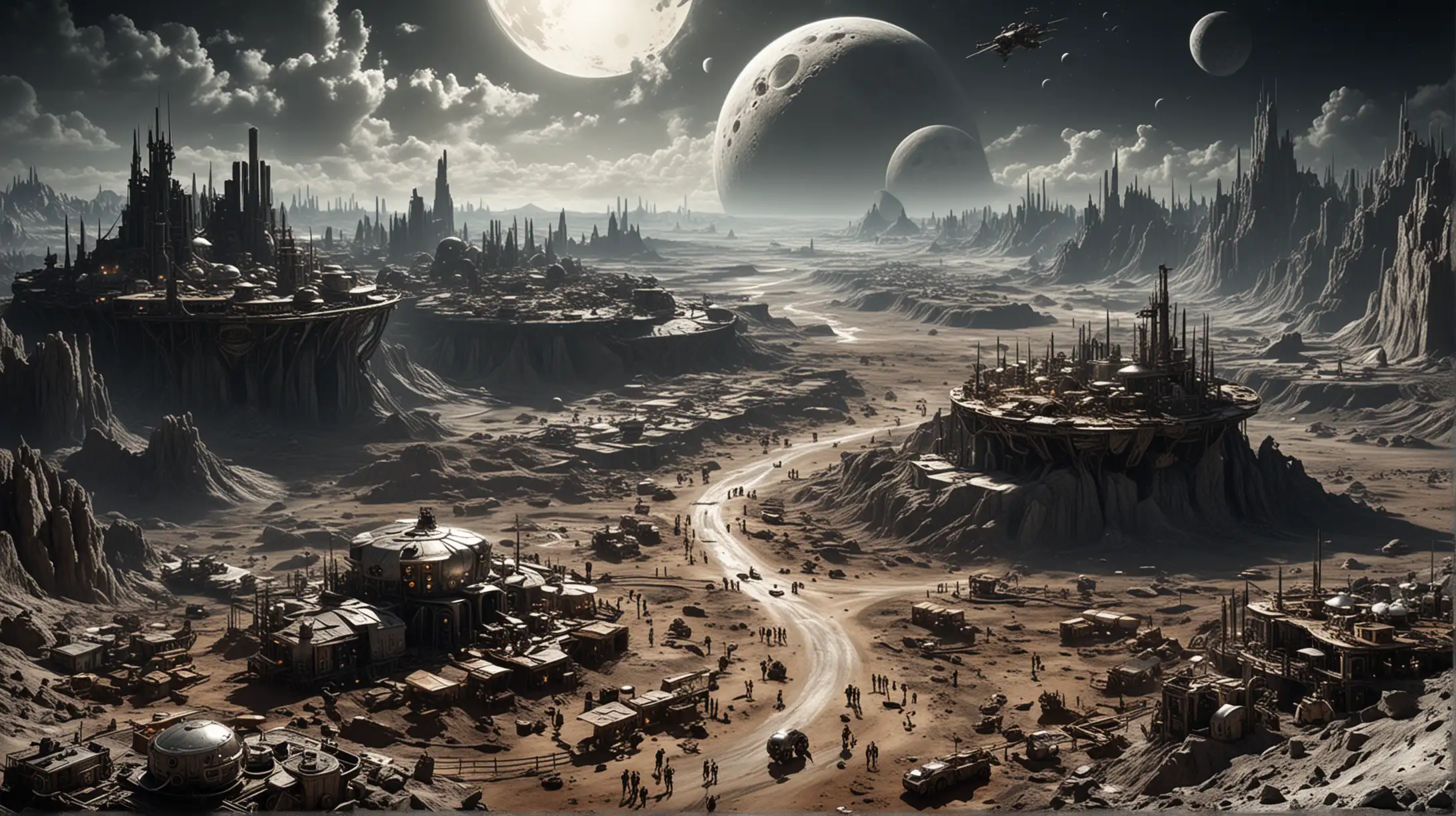a steampunk city on the Moon, much shadow, silver blaze, no atmosphere, all people in space uniforms, a crater on the horizon, bird's eye view