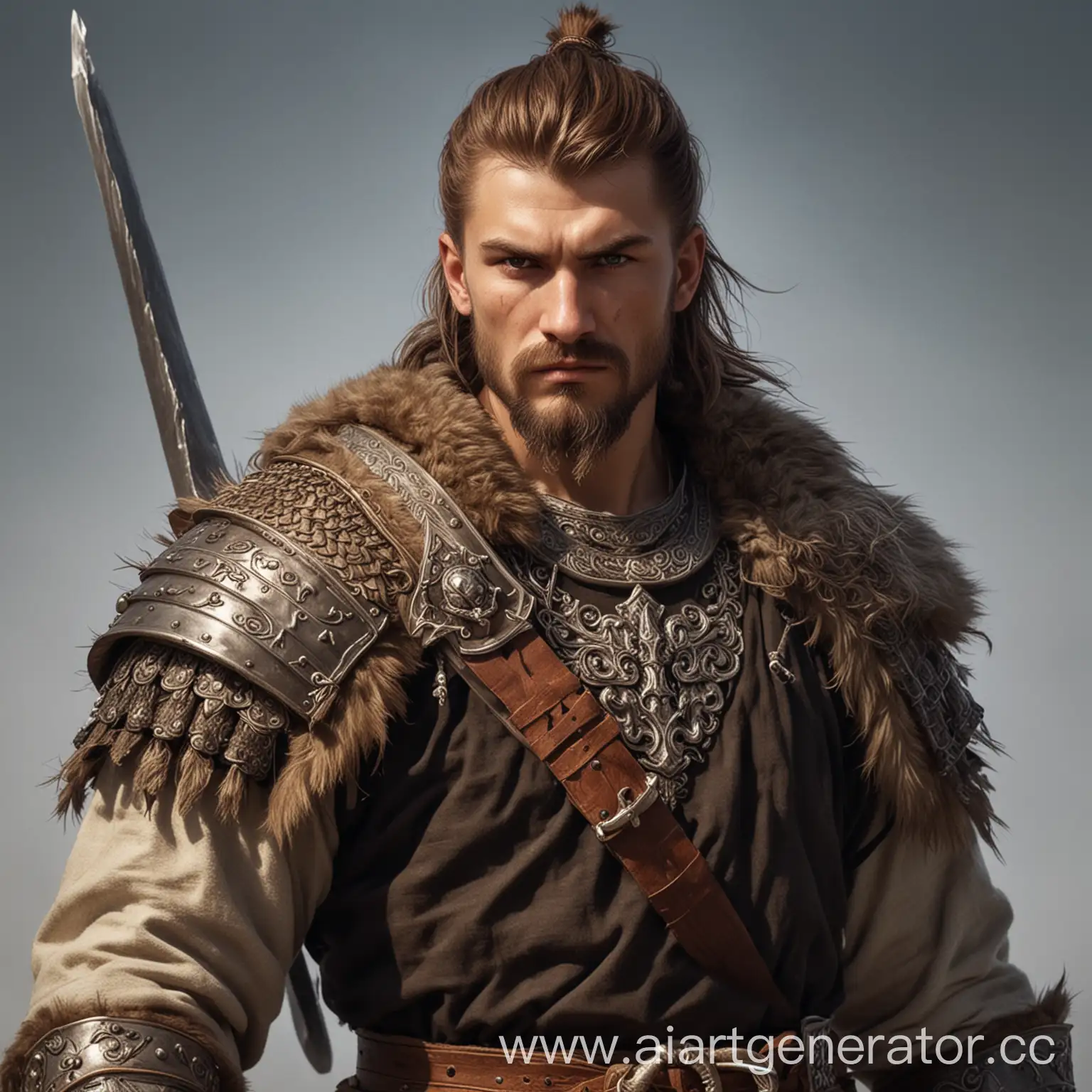 Персонаж для игры в ДНД - Мужчина, человек, воин, Богатырской внешности, славянин, Крупного телосложения, с коричневыми короткими волосами, с мечом