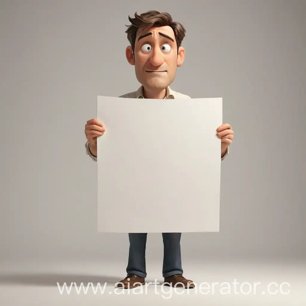 мультяшный мужчина стоит, держит в руках и смотрит на пустой белый лист бумаги
