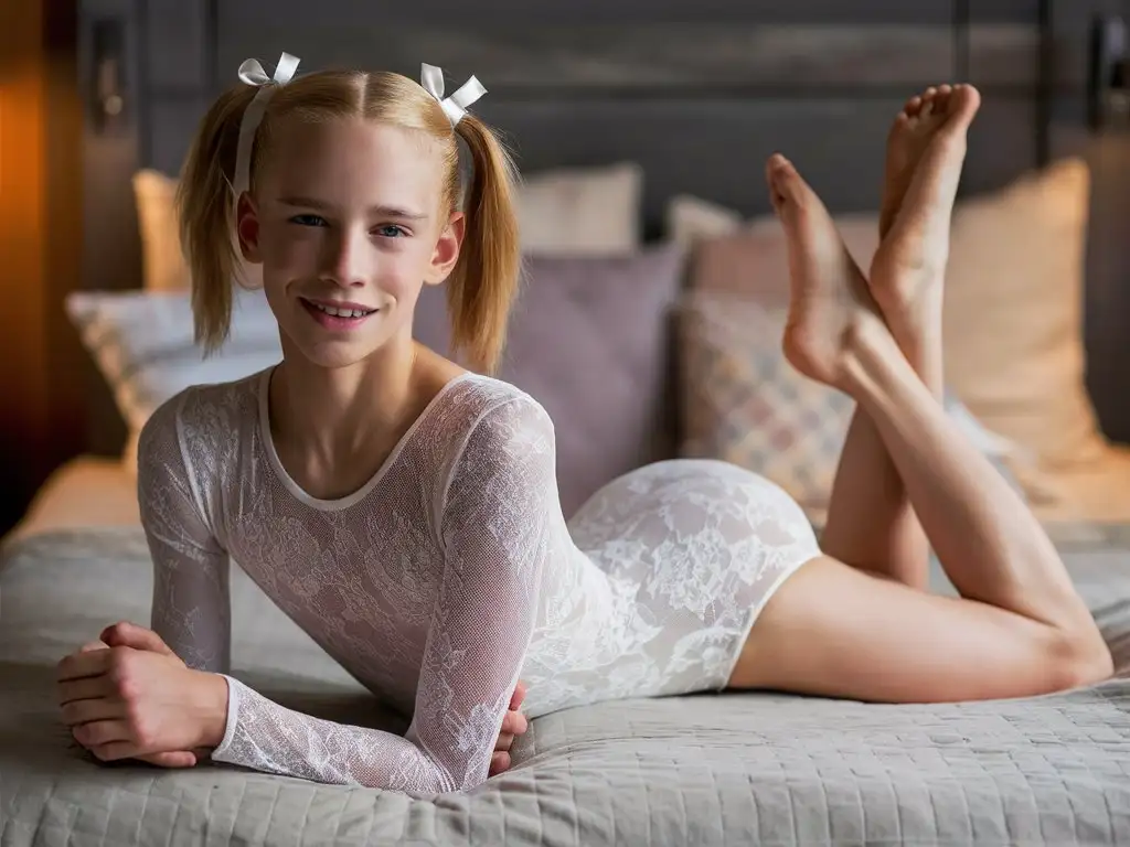 Blond Teenage Boy in White Lace Leotard Smiling on Bed | AI Image Generator