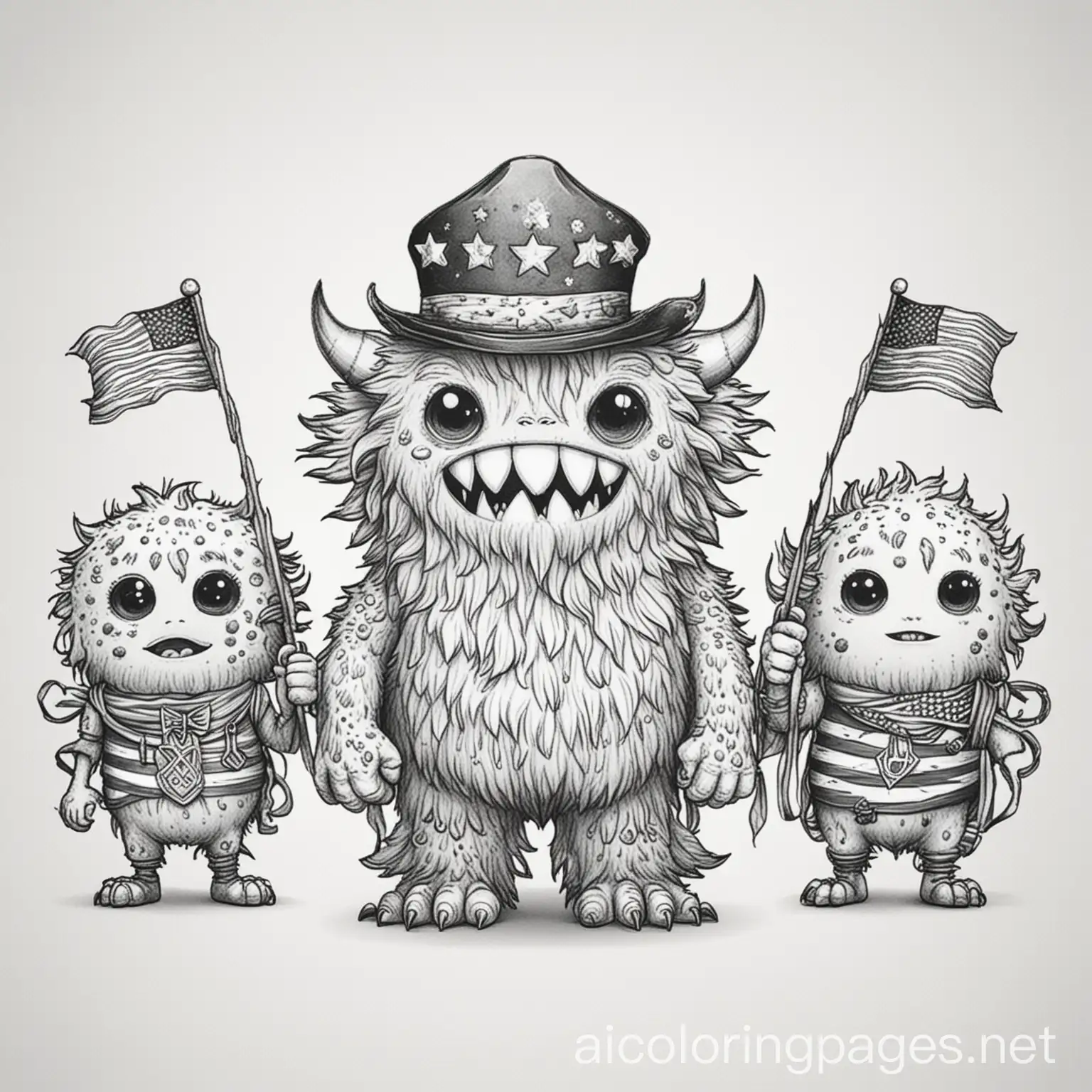 patriotic cute monsters independence day, Coloring Page, black and white, line art, white background, Simplicity, Ample White Space. The background of the coloring page is plain white to make it easy for young children to color within the lines. The outlines of all the subjects are easy to distinguish, making it simple for kids to color without too much difficulty