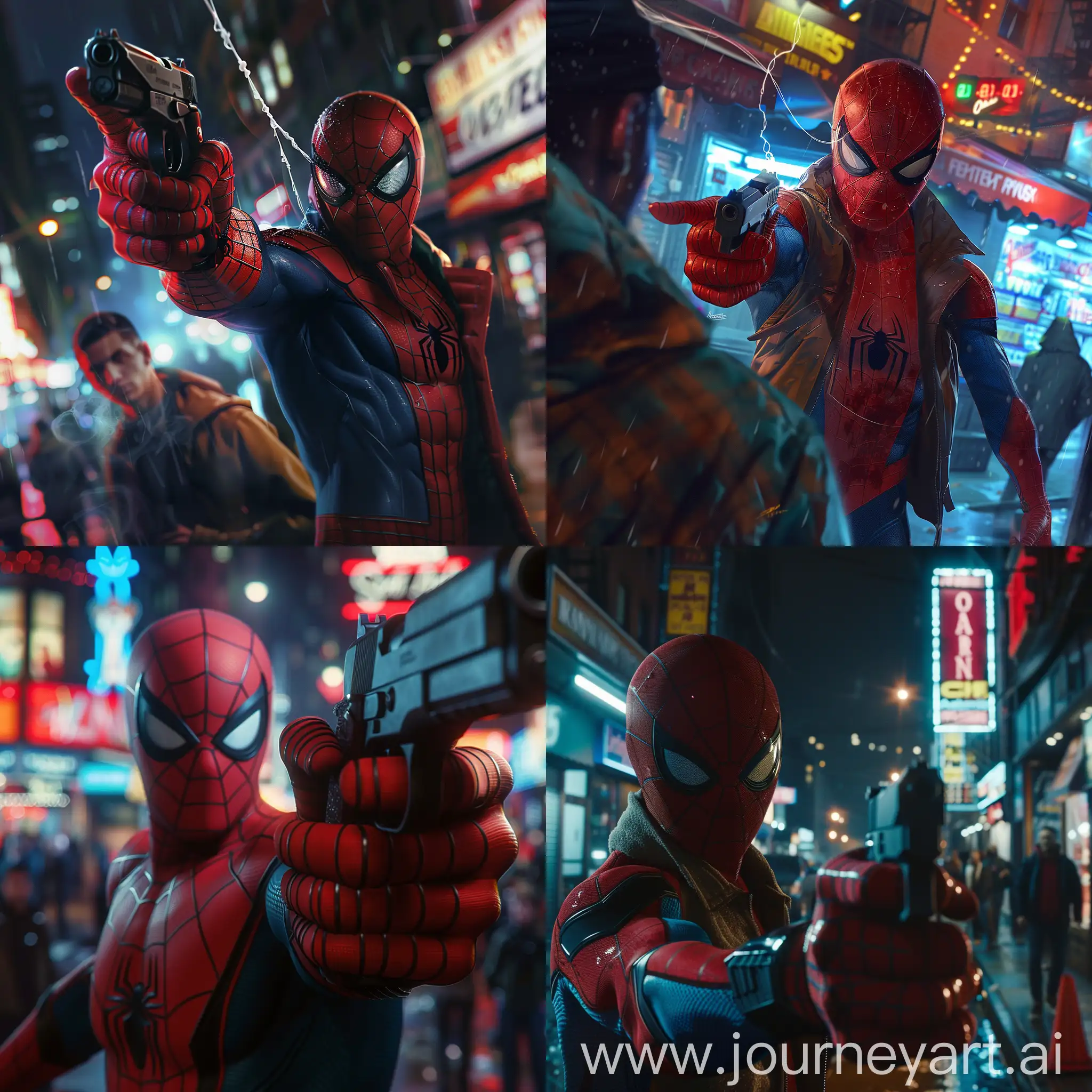 SpiderMan-Holds-Gun-at-Man-in-Nighttime-Store