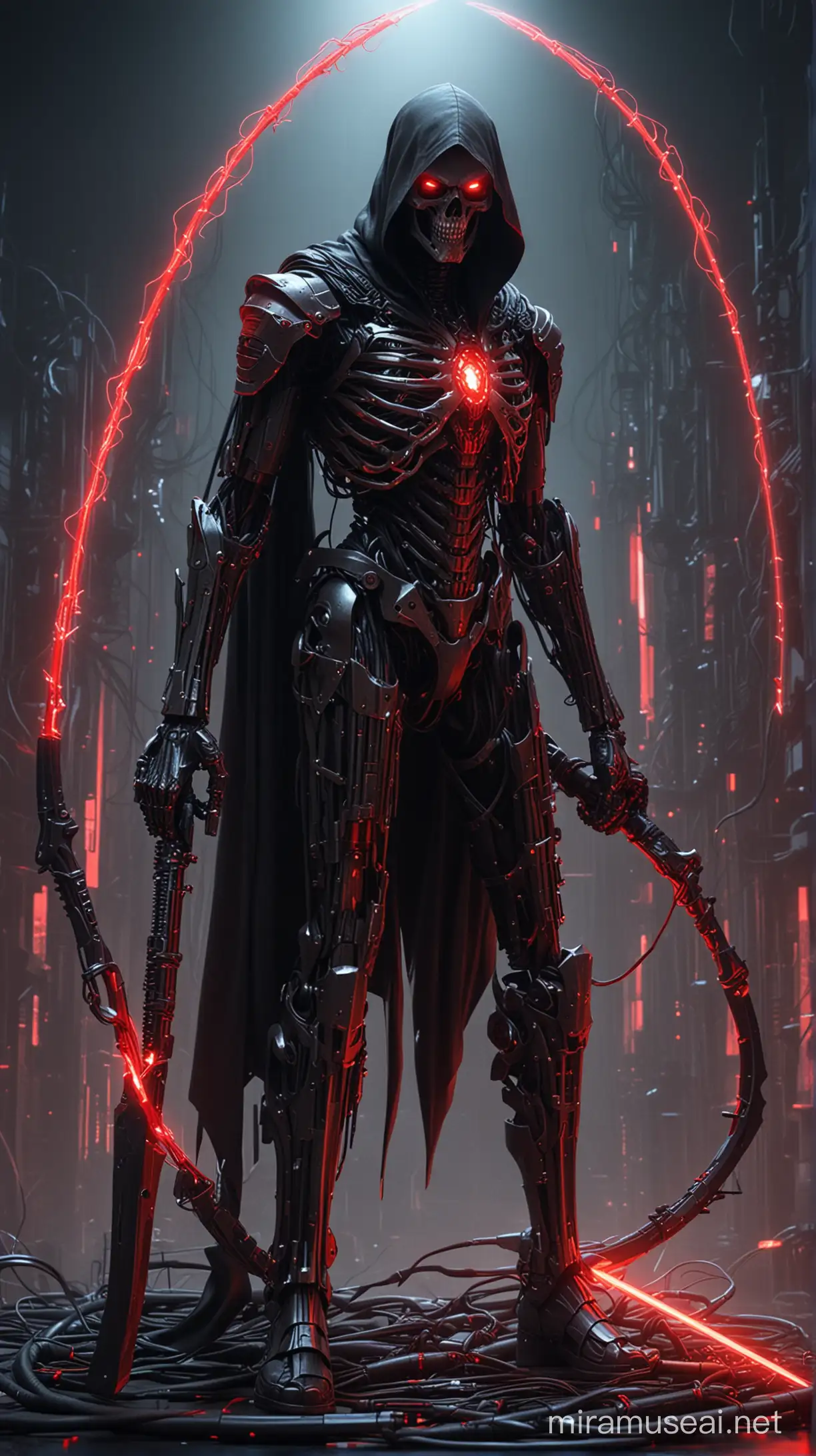 A cybernetically enhanced grim reaper with glowing red cybernetic implants, holding a sleek futuristic laser scythe, sitting on a cyber throne with exposed wires and red lighting, dystopian cityscape with dark lighting