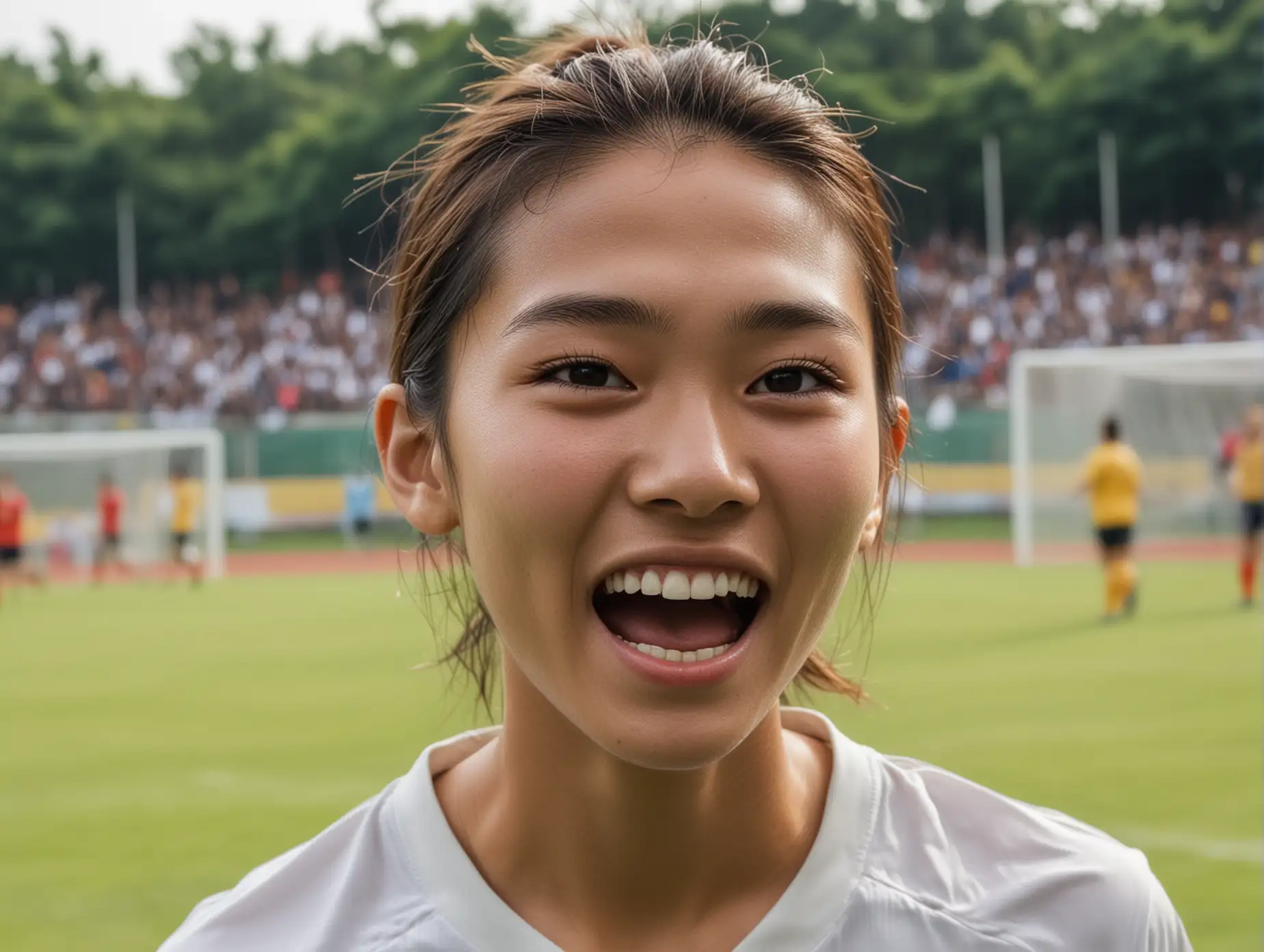 Close up natural face without make-up of a beautiful very skinny Thai women's college soccer player joyfully celebrating a glorious goal.