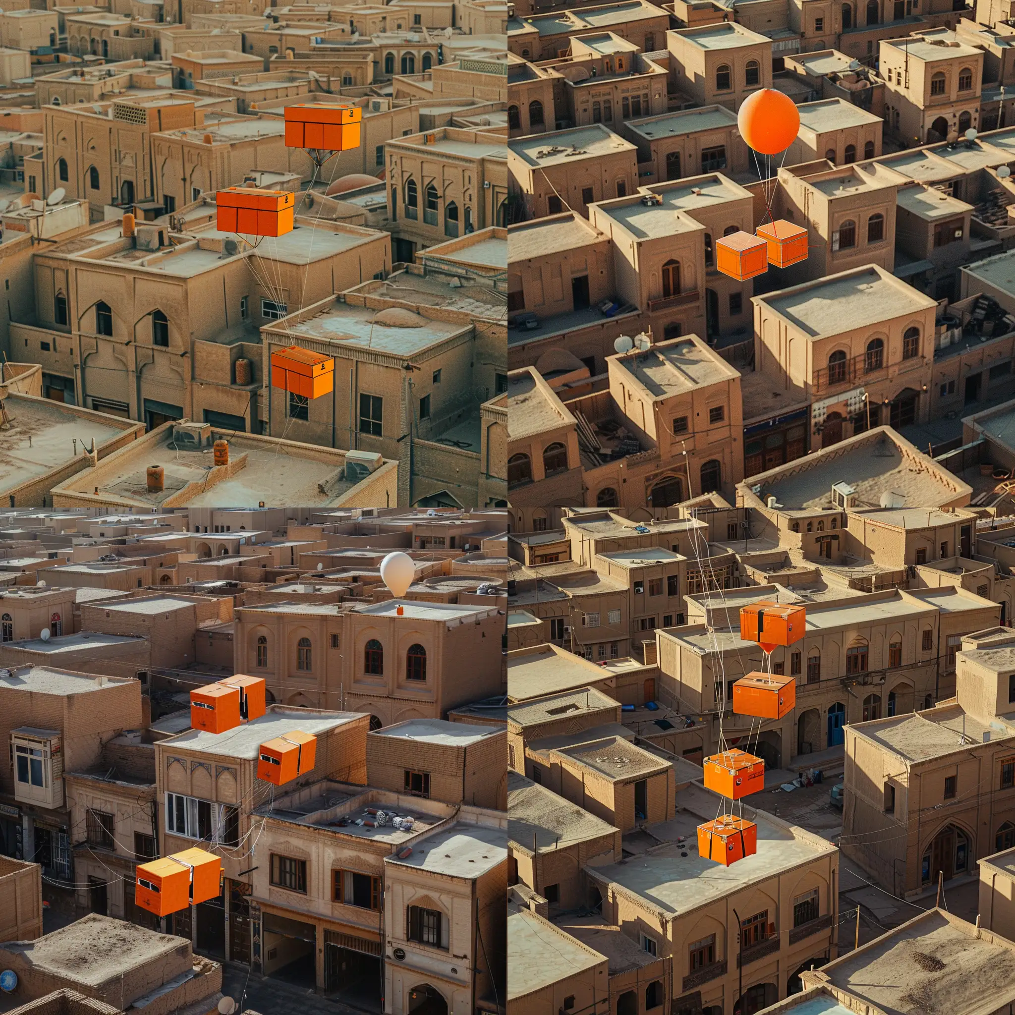 نمای بالا از یک شهر که 3 جعبه نارنجی که بالن وصل هستند در حال فرود جلوی خانه ها هستند ، خانه ها در شهر یزد در کشور ایران باشد
