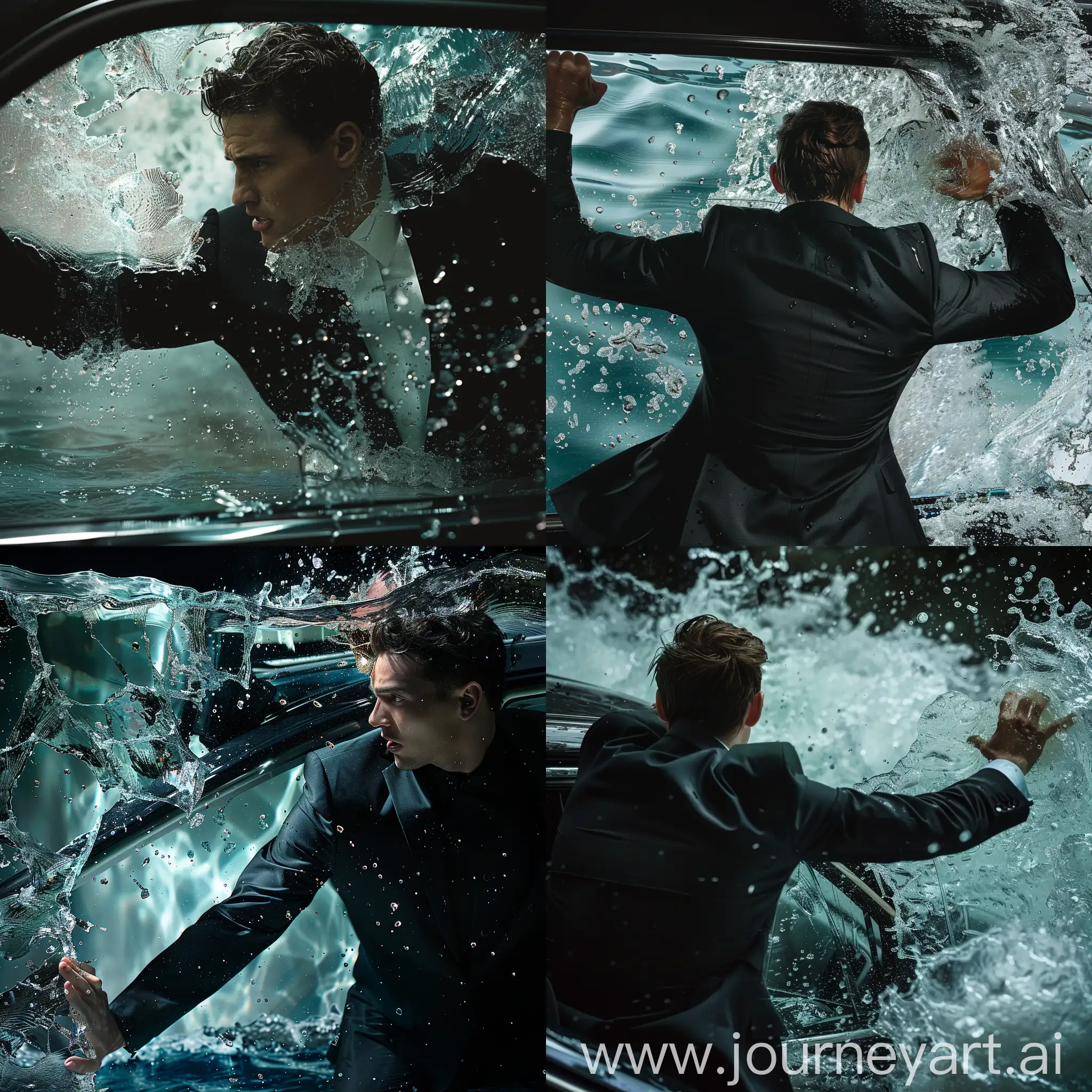 man breaking the window to escape  in a car under water, elegant black suit, realistic