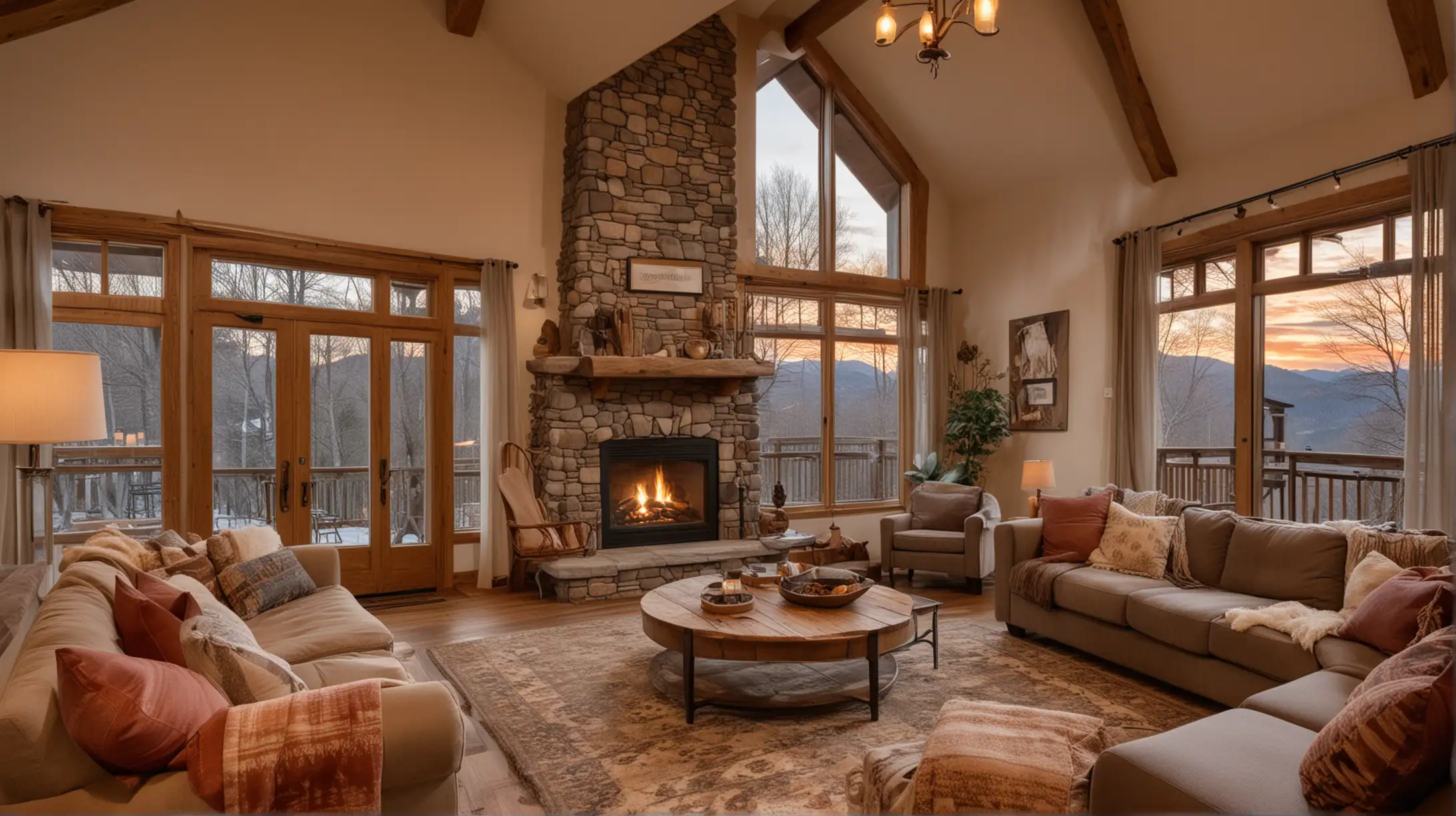 cozy mountain vacation rental property at dusk with a cozy interior design, warm and inviting atmosphere




