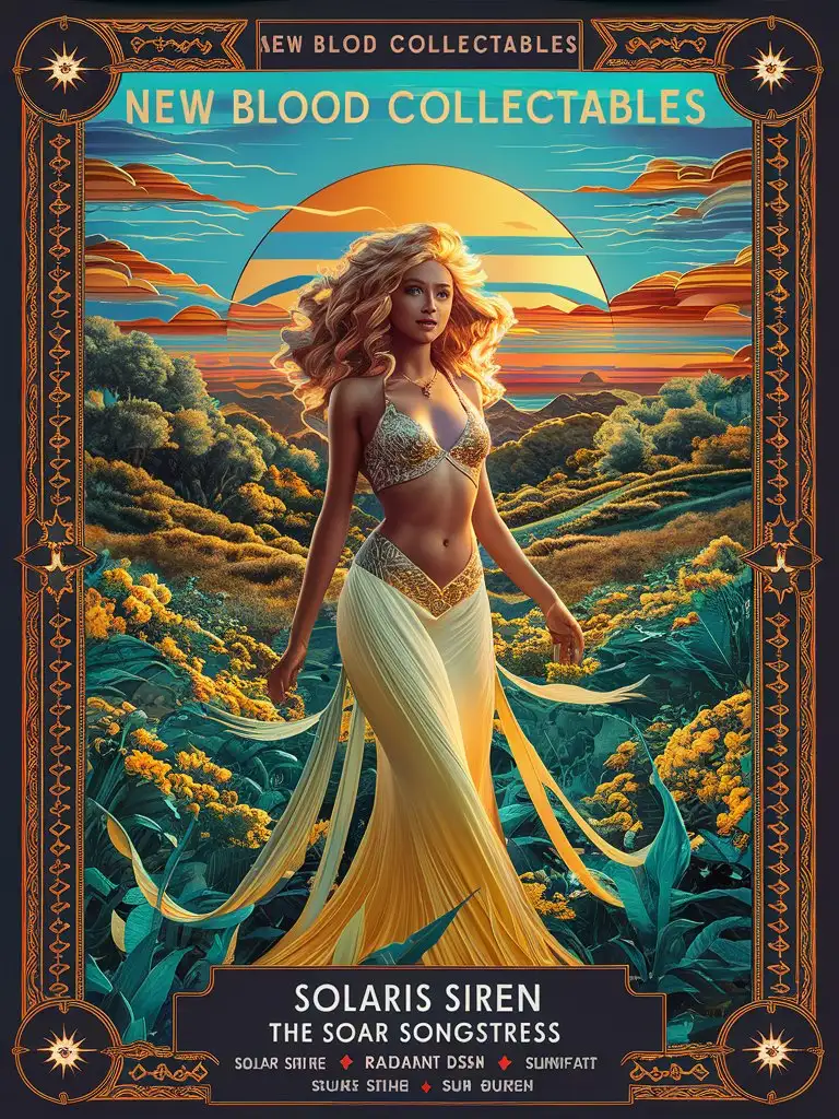  #8k card
'New Blood Collectables'

Solaris Siren, the Solar Songstress from Solara

Background: 8k resolution
Border: Intricate design

Strength: 7/10
Speed: 7/1