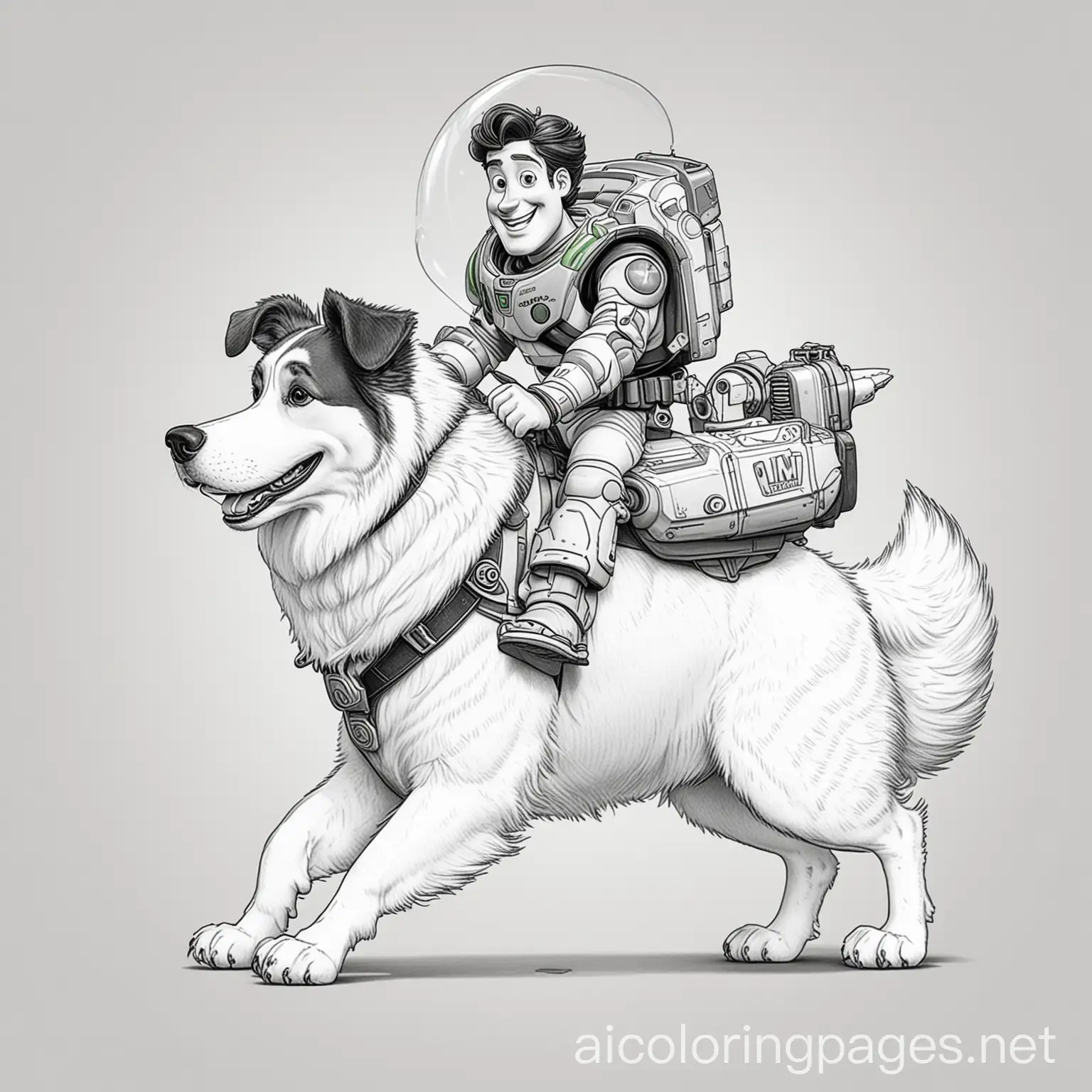 Buzz lightyear riding on a collie dog, Coloring Page, black and white, line art, white background, Simplicity, Ample White Space. The background of the coloring page is plain white to make it easy for young children to color within the lines. The outlines of all the subjects are easy to distinguish, making it simple for kids to color without too much difficulty