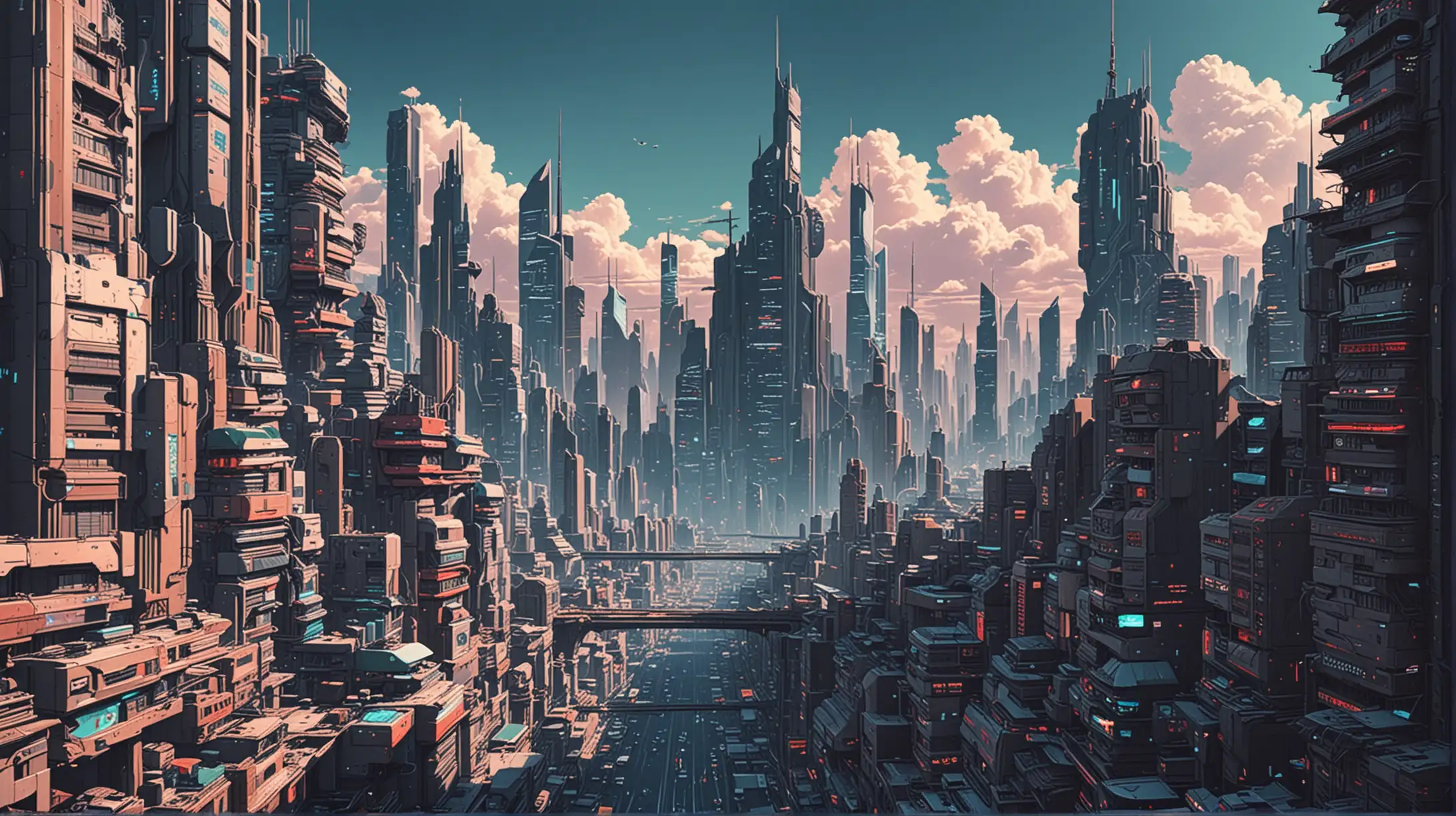 Futuristic Cityscape in 90s Anime Style Cyberpunk Metropolis with Neon Lights