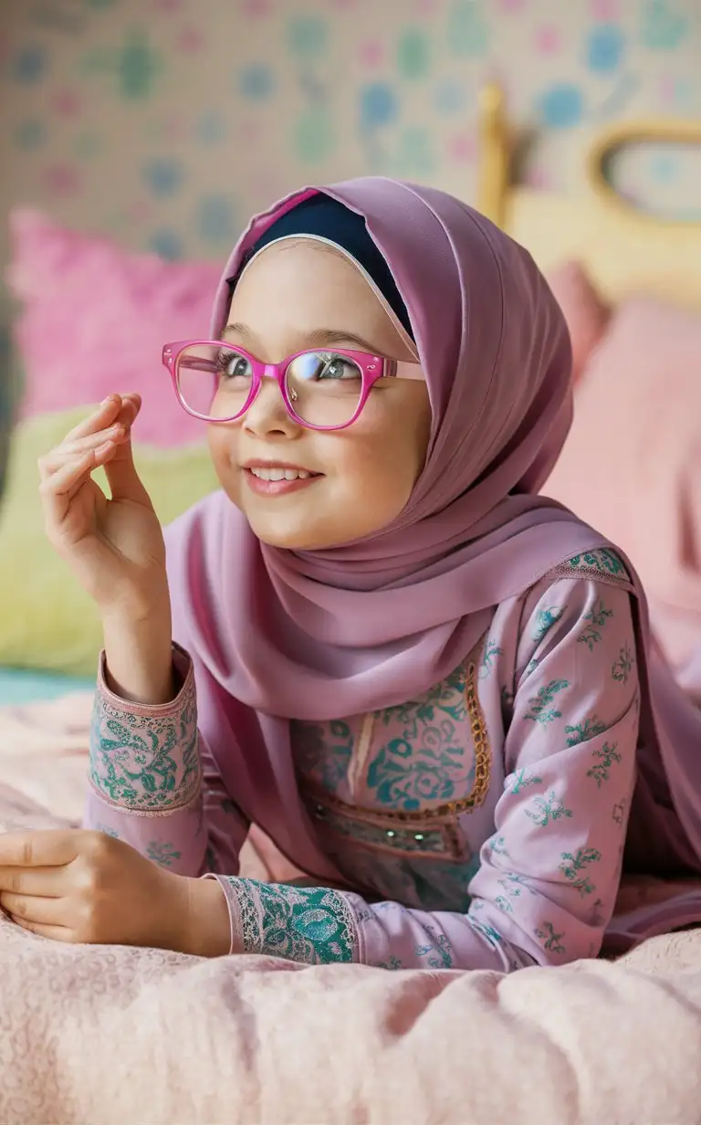 A cute teenage girl. 17 years old. She wears a hijab,
She is beautiful. She lie on the bed.
Side eye view, petite, plump lips.  Elegant, pretty, pink lips, glasses