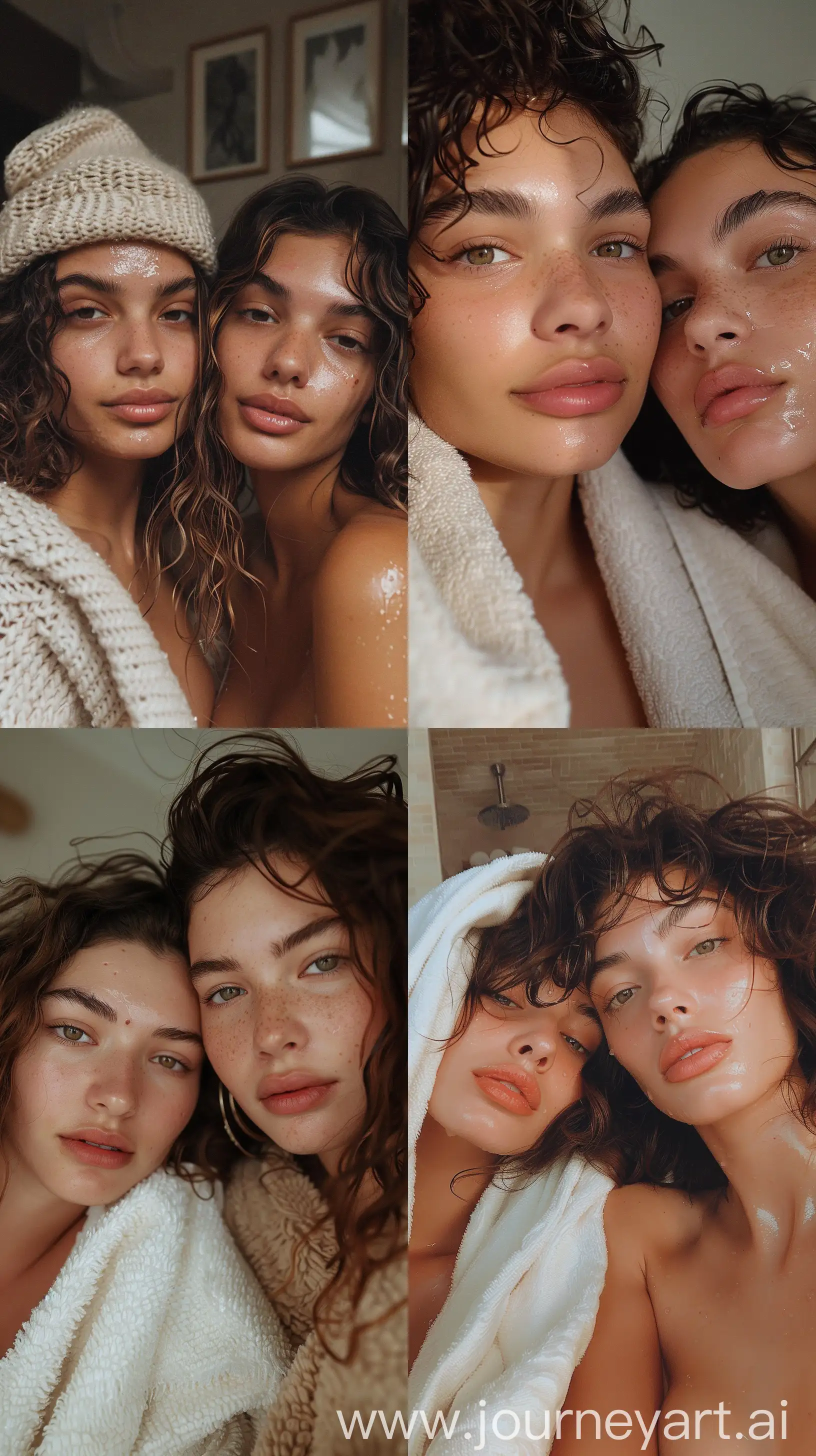 Aesthetic Instagram close up selfie of two super model best friends, in fancy New York apartment, tub, wet, curly hair, towel, tall, warm brown tones --ar 9:16