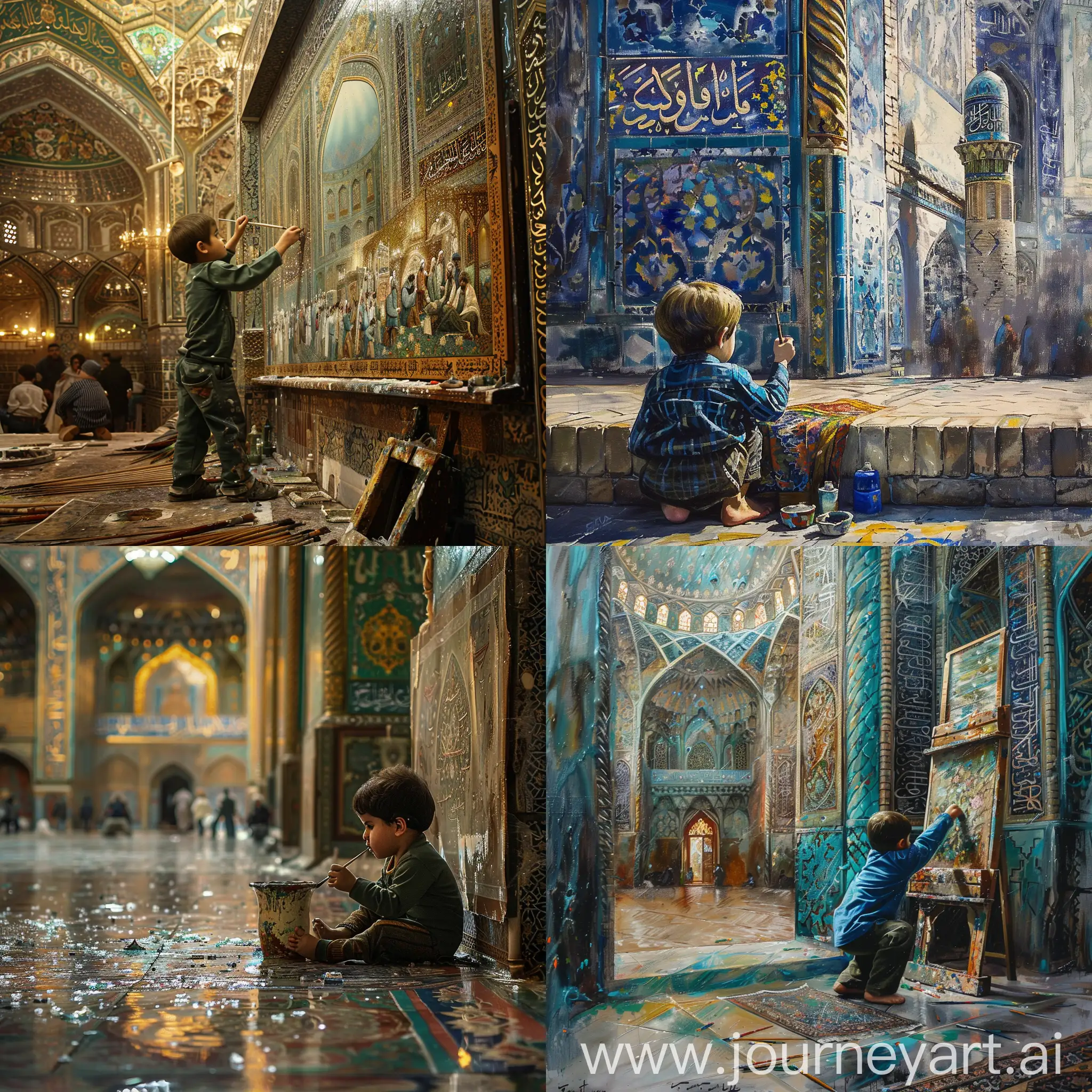 Give me the picture of the kid in Imam Reza's shrine who is painting