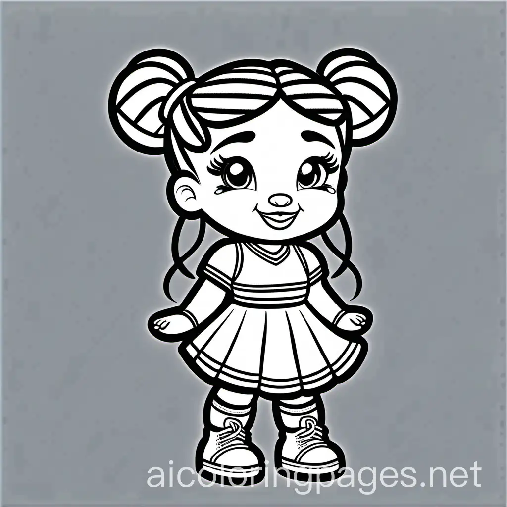 black and white lineart african american toddler girl with braided ponytail in a cheerleader uniform, white background, full body, picture, coloring book style on white background, well composed, clean coloring book page, No dither, no gradient, no greyscale strong outline, No fill, No solids, vector illustration, Coloring Page, black and white, line art, white background, Simplicity, Ample White Space. The background of the coloring page is plain white to make it easy for young children to color within the lines. The outlines of all the subjects are easy to distinguish, making it simple for kids to color without too much difficulty