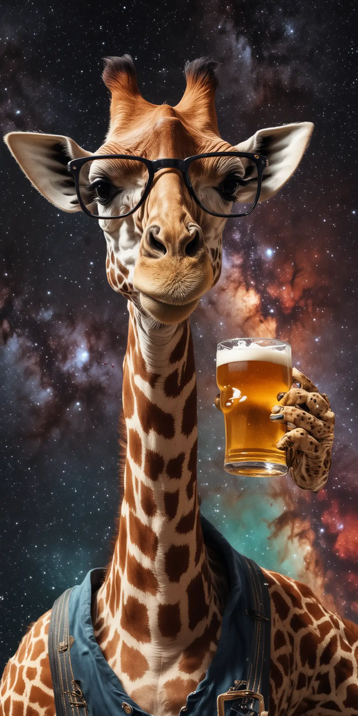Giraffe with glasses and beer in the space