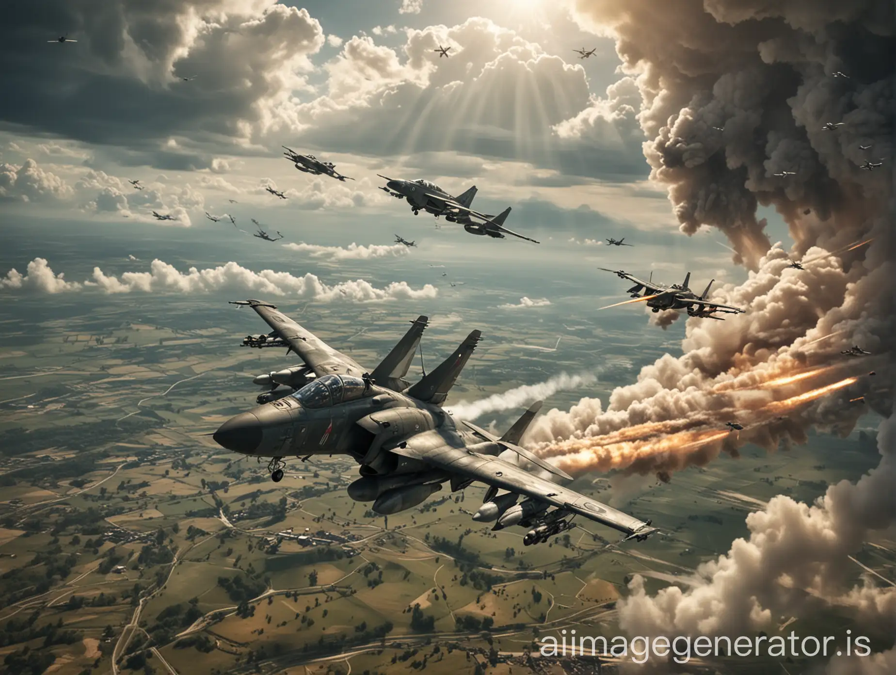 landscape full HD atmosphere of war in the air with fighter planes, there is one soldier
