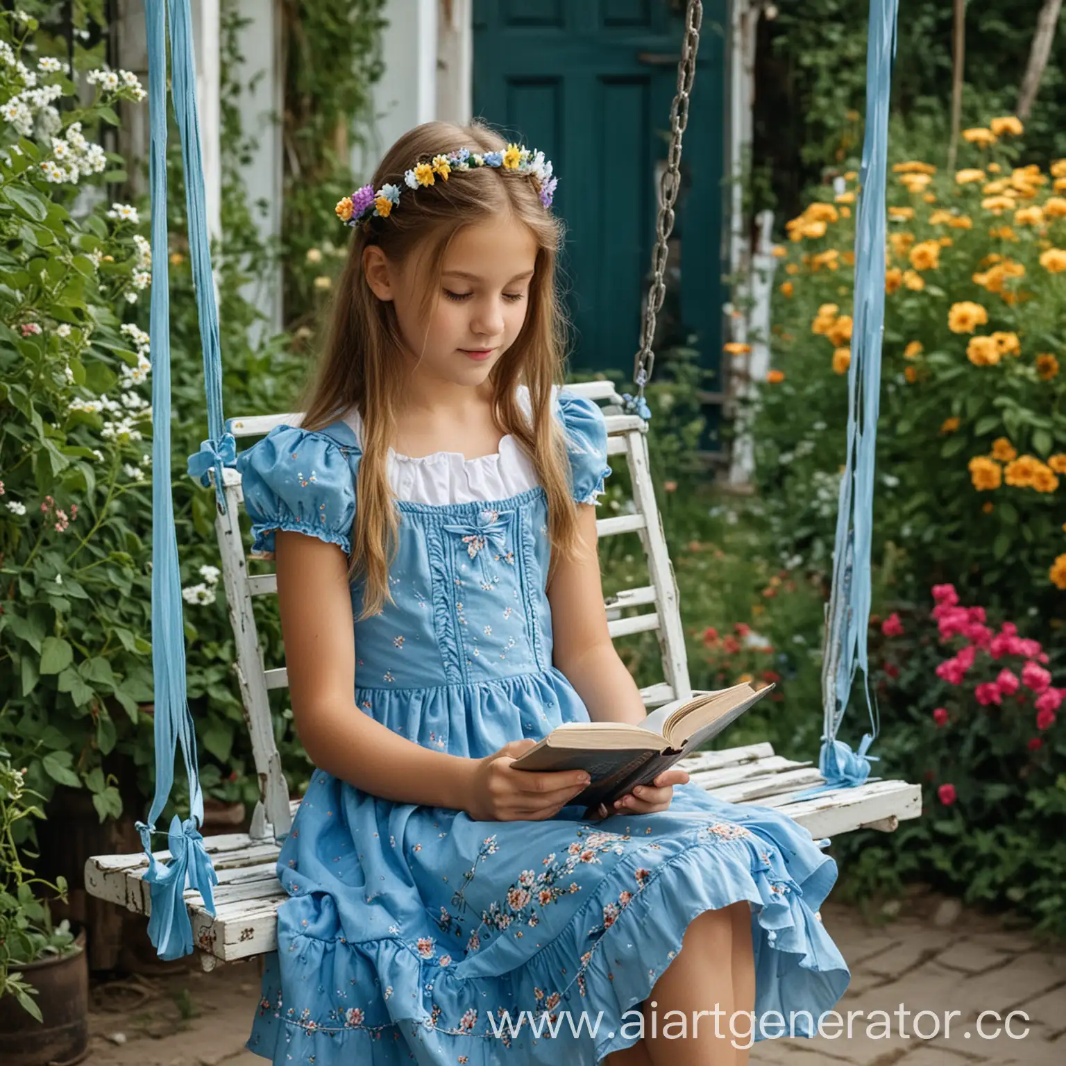 Реальная фотография. Девочка 12 лет сидит на качелях на даче и читает книгу. Лето. Тепло. На заднем плане цветы. На девочке голубое платье, ленточки в волосах