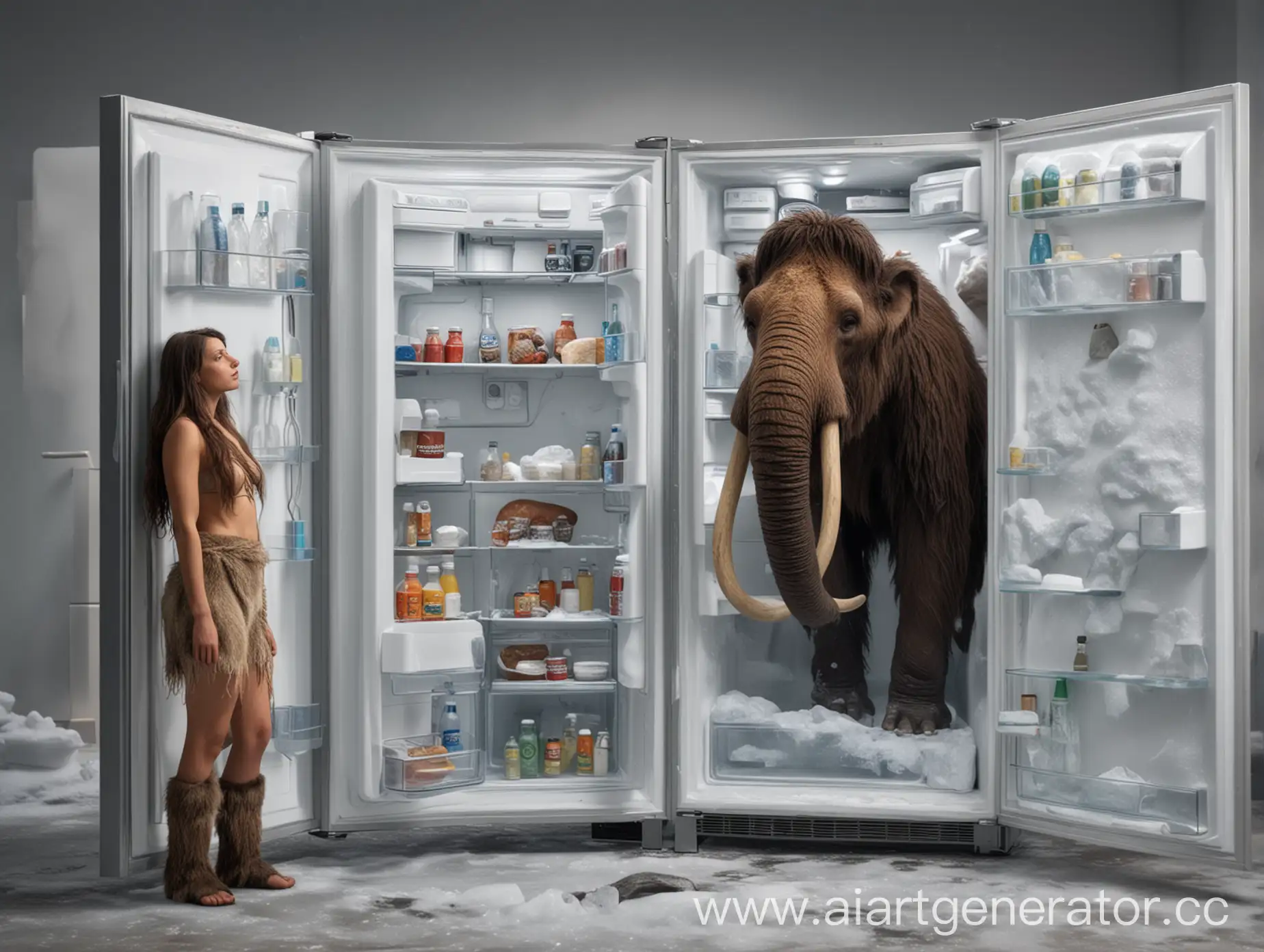 Ice-Age-Woman-Fascinated-by-Modern-Refrigerator-with-Mammoth-Companion