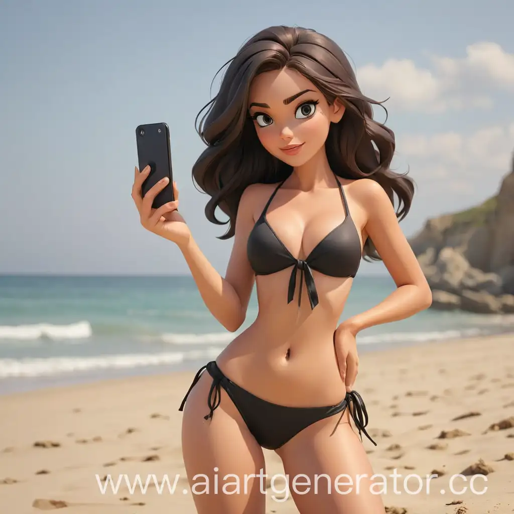 женщина фотографирует на смартфон мультяшную красивую женщину в черном бикини на пляже