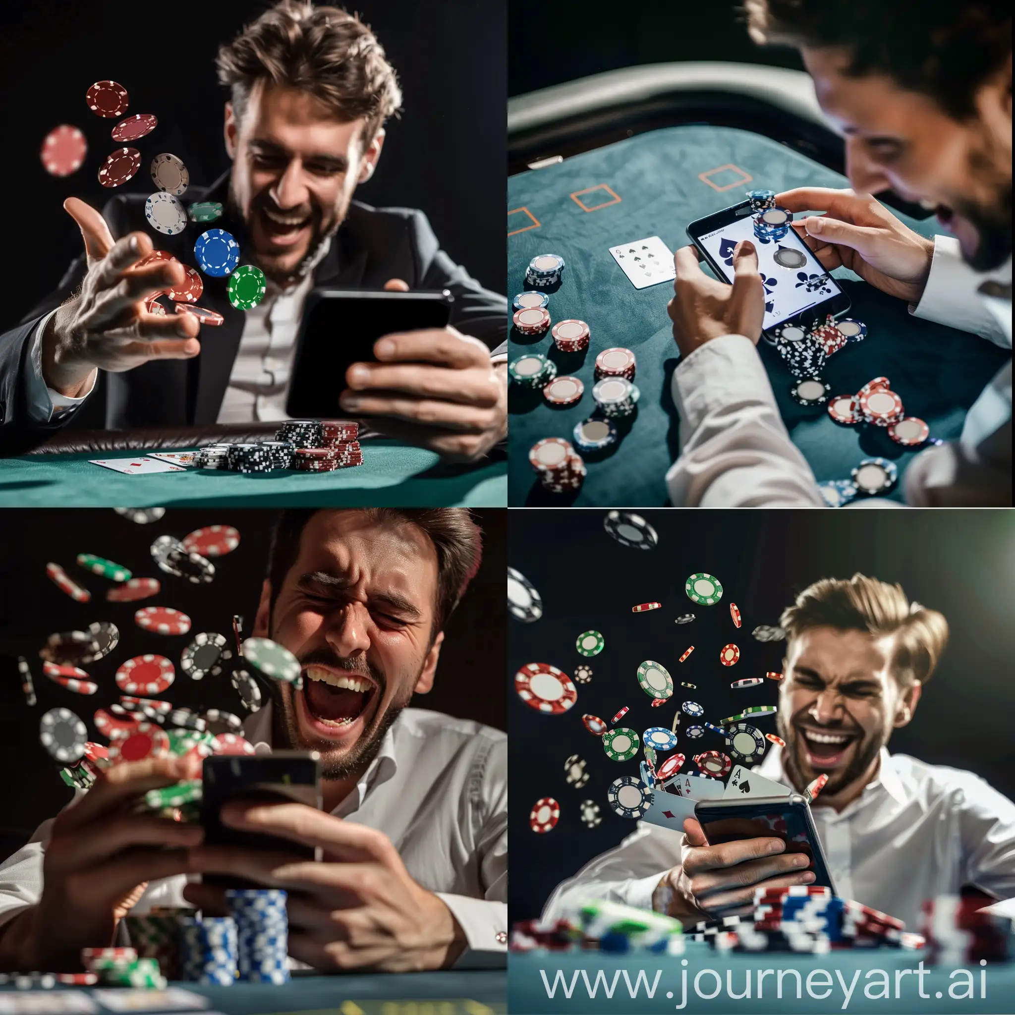 a formal man playing online poker and happy with visual and poker chips come out of phone