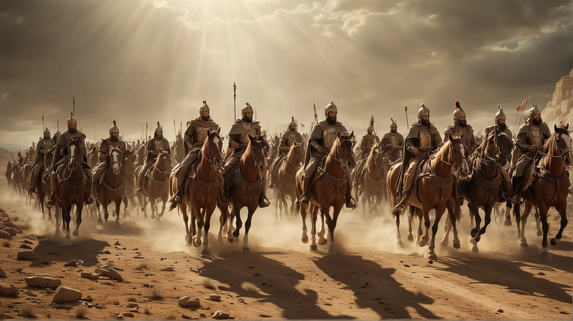A king and his troop coming in several horse and chariots. Set during the Biblical era of Elijah.
