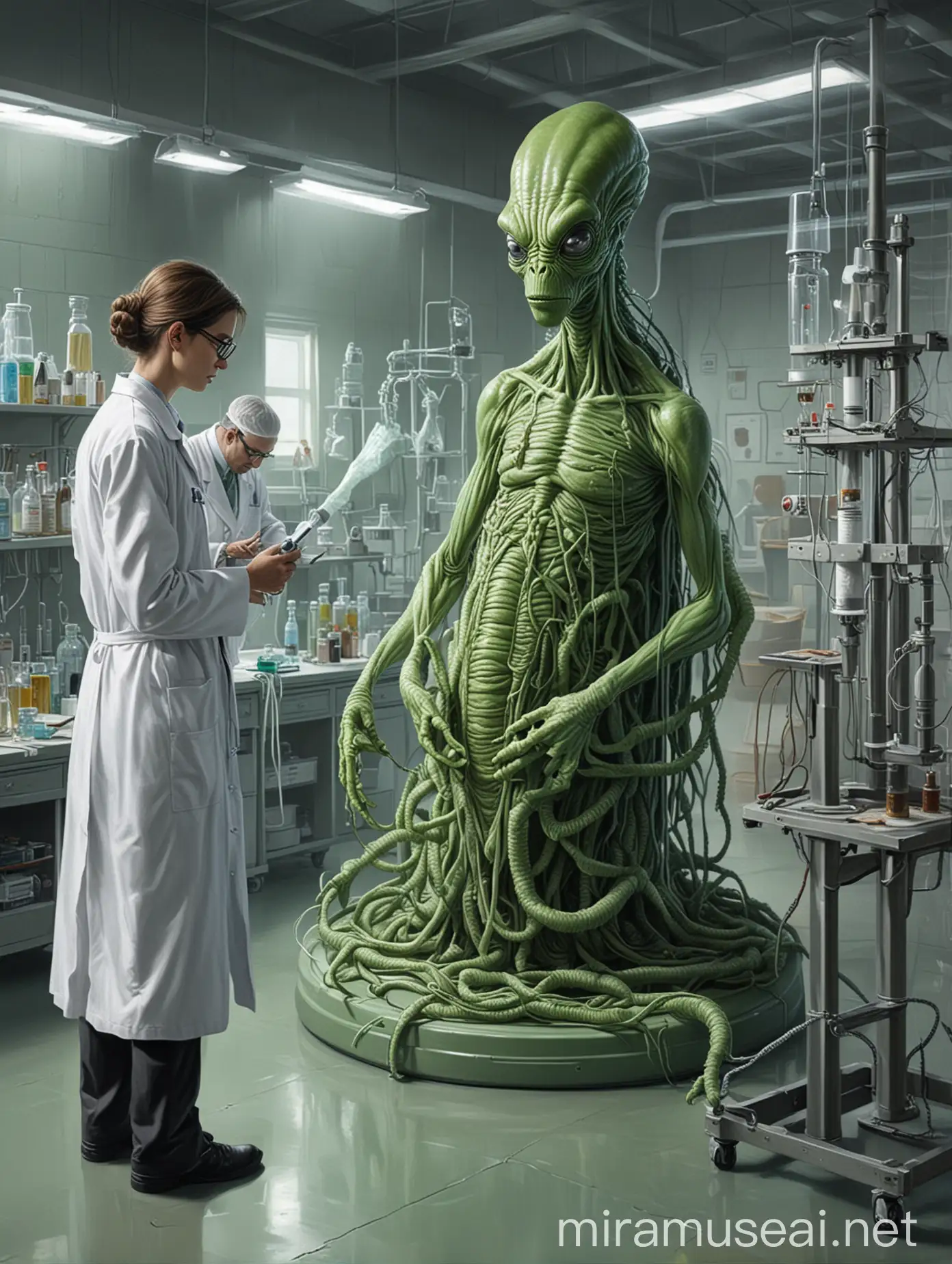 Highly detailed painting, wide view, two scientists in white coats stand behind a green alien creature tied to a laboratory stand, use muted colors only, high quality