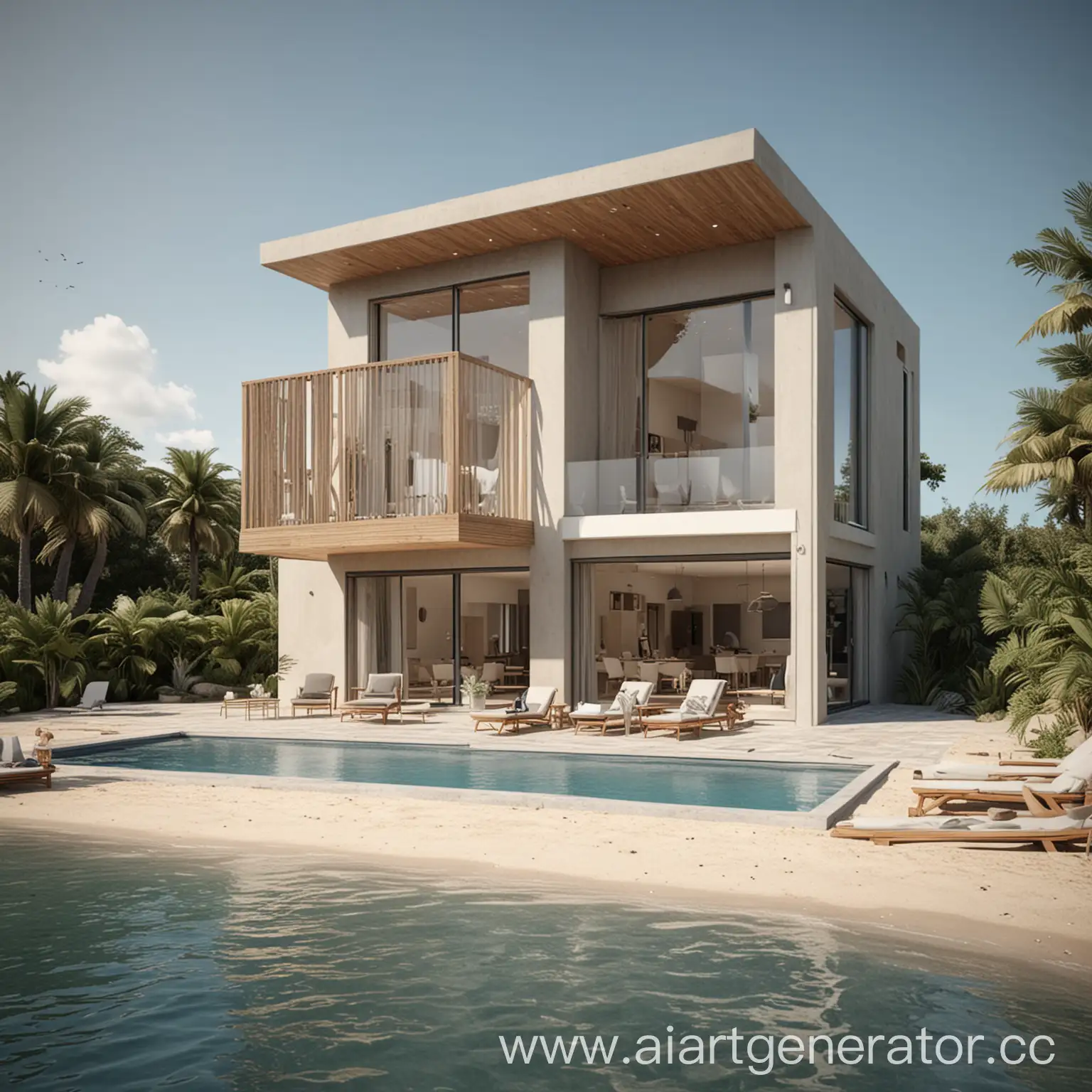 Create a video render of a modern 2 floor villa beach house in grey, wood and cream
