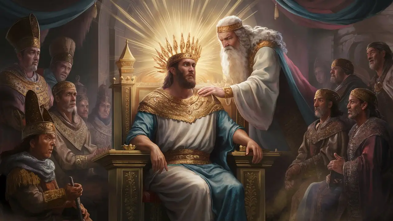Visualize the majestic scene as Solomon is anointed and crowned king, surrounded by a crowd of dignitaries and the divine presence felt in the air.