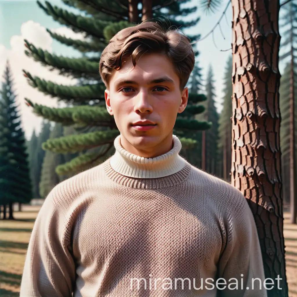 Молодой Борис Пастернак (26 лет), в свитере с высоким воротом стоит у сосны. 1920г. Фото в цвете