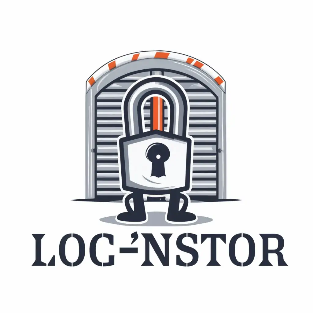 a logo design,with the text "Loc-N-Stoc Storage", main symbol:Padlock with arms and legs, leaning up against a roll up bay door in a navy blue, light grey and white color scheme. ,Moderate,be used in Storage Units industry,clear background