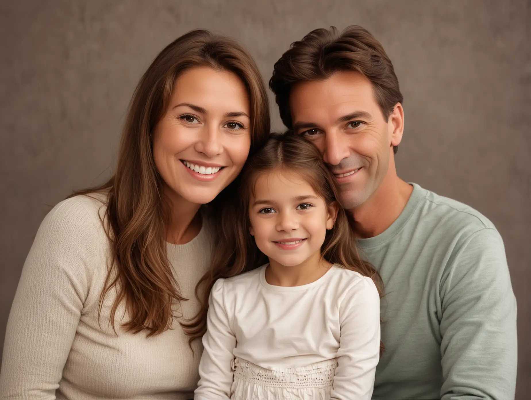 family photo with brown hair, one daughter and her parents