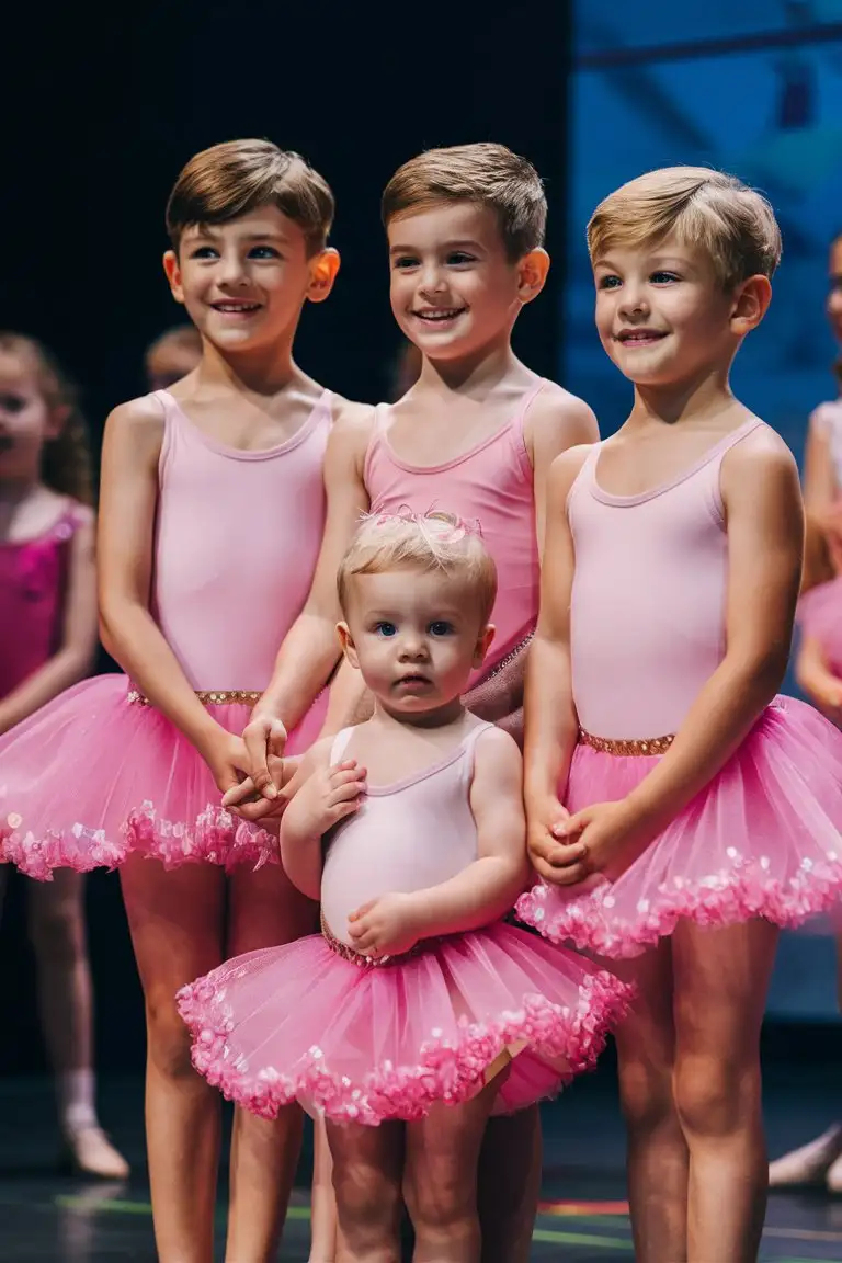 Gender role-reversal, Photograph a 11-year-old boy, a 9-year-old boy, a 7-year-old boy and a 6-year-old boy standing on stage during school assembly, white skin, they are all brothers, the boys are all dressed up in pink ballerina tutu dresses, while the older boys are smiling the little 6-year-old boy looks nervous, adorable, perfect children faces, perfect faces, clear faces, perfect eyes, perfect noses, smooth skin