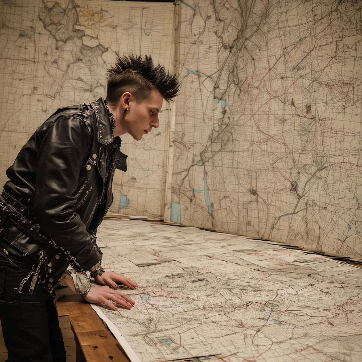 A punk cartographer looking at maps laid out on a very large table 