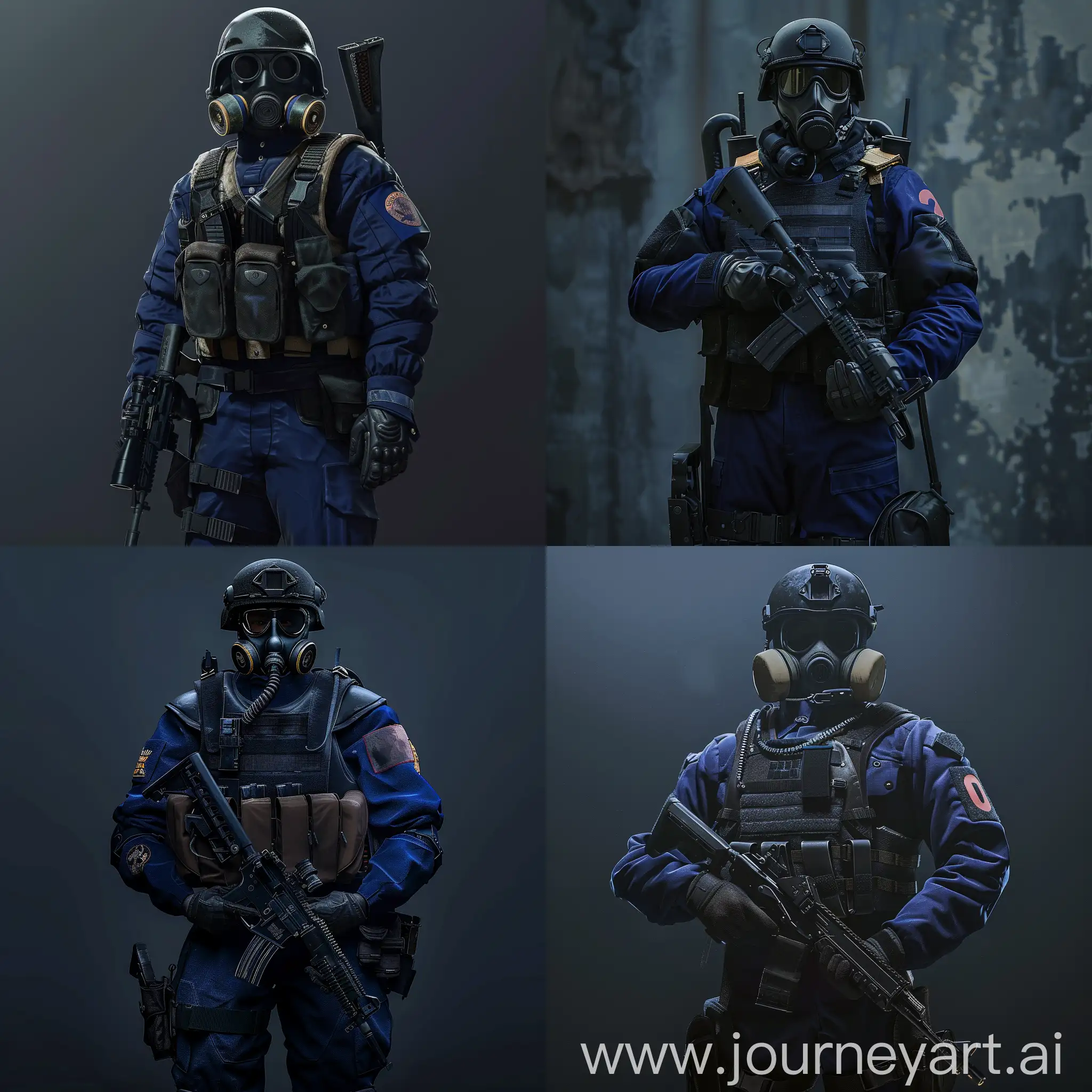 Mercenary stalker in 1980s, gasmask, military vest, dark blue military uniform, helmet, sniper rifle in the hands.