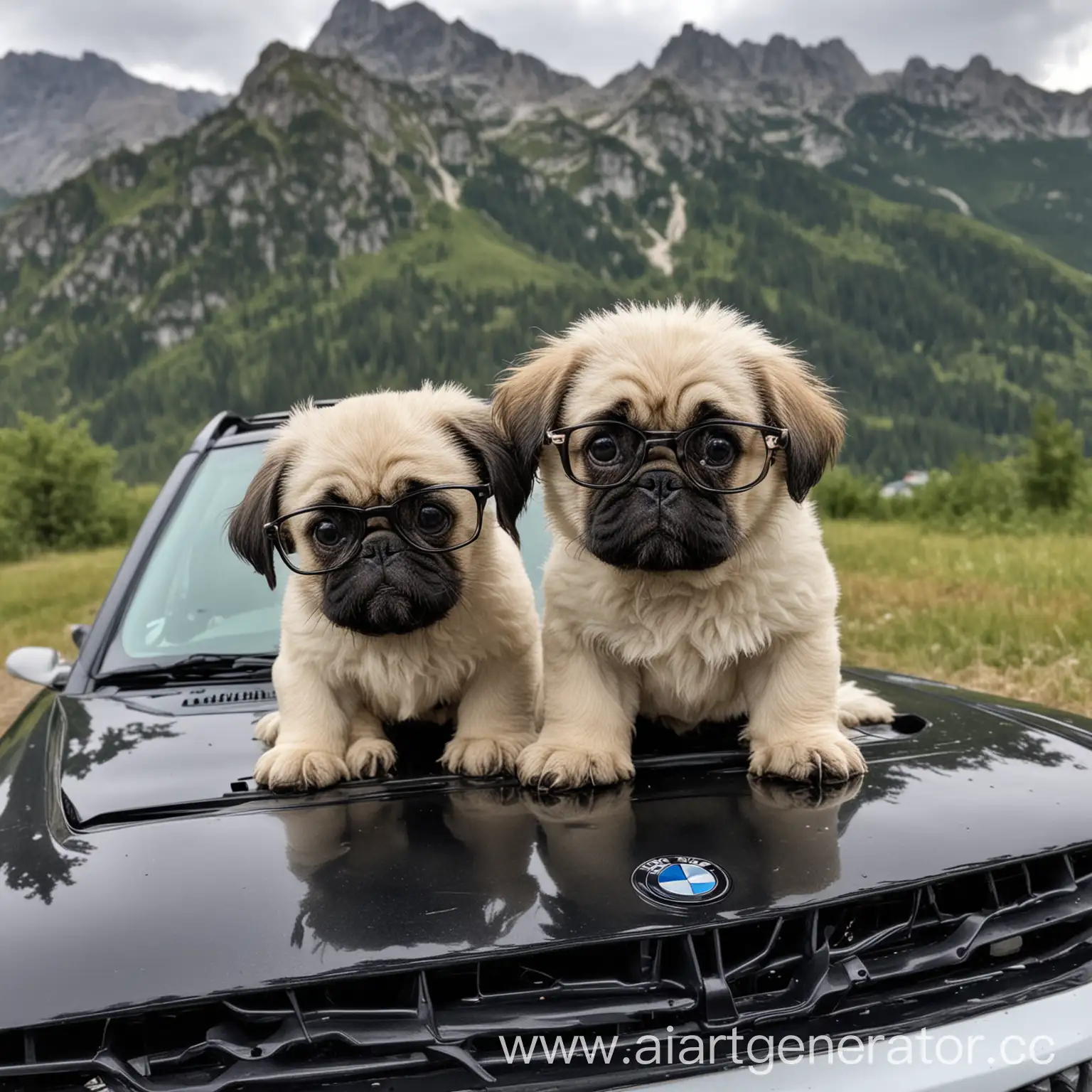 Mops-in-Glasses-on-BMW-Car-Hood-Against-Mountains