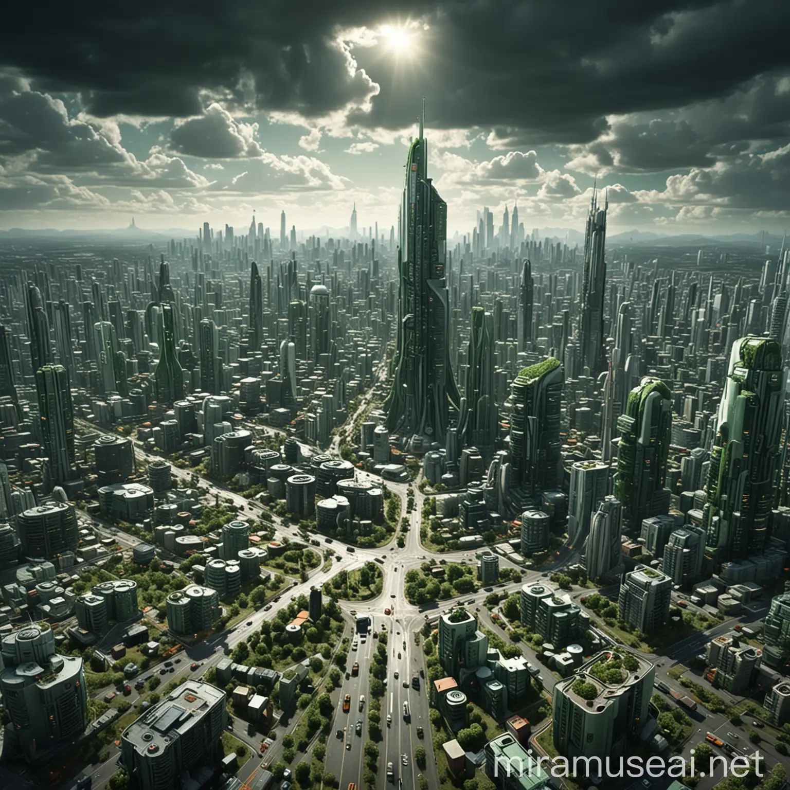 Create me a futuristic city using the Multiple Nucli Model. Make the central business distrcit in the middle. Industrial on the far edges. Make the city with sustainable elements and more green