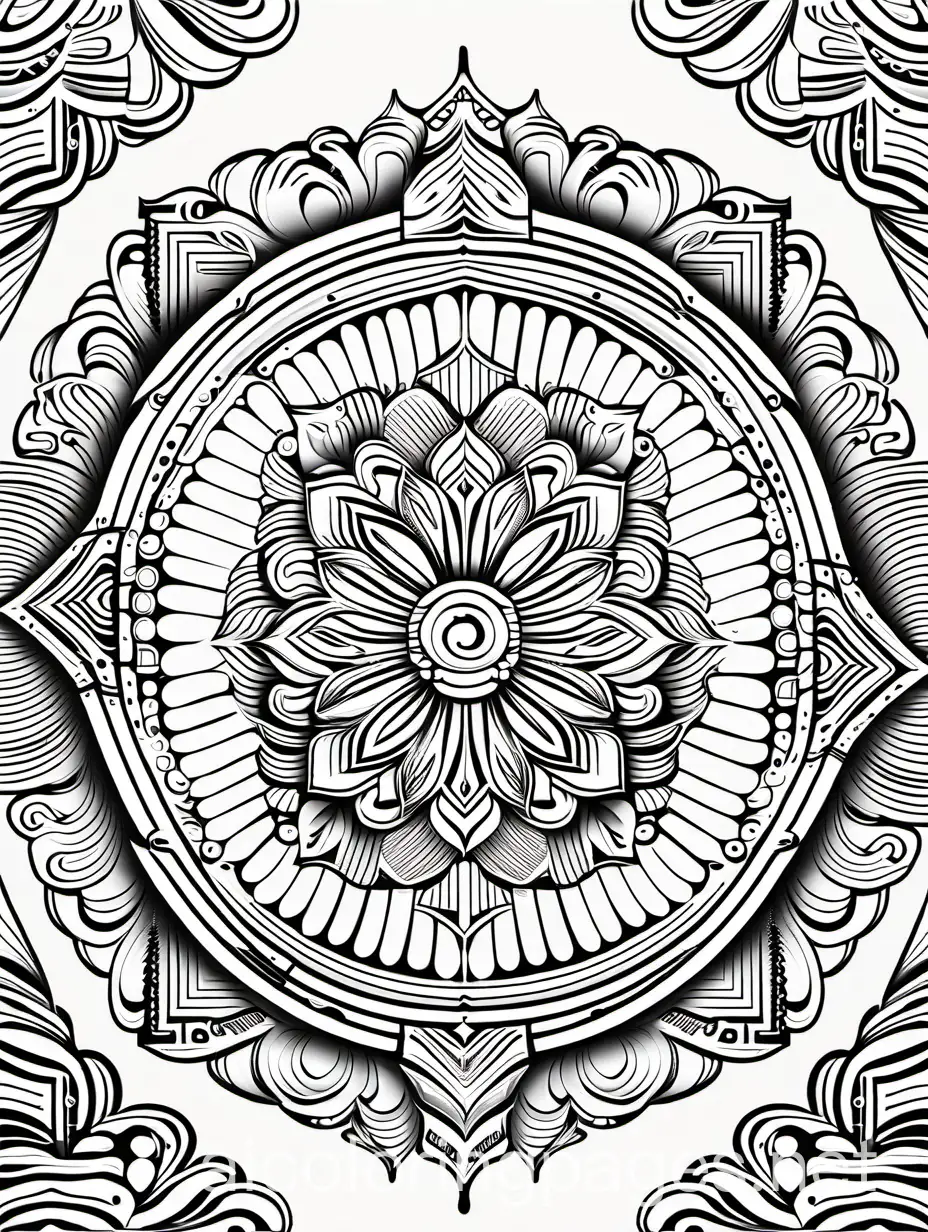 Mandala flower design on an international monument, Coloring Page, black and white, line art, white background, Simplicity, Ample White Space. The background of the coloring page is plain white to make it easy for young children to color within the lines. The outlines of all the subjects are easy to distinguish, making it simple for kids to color without too much difficulty