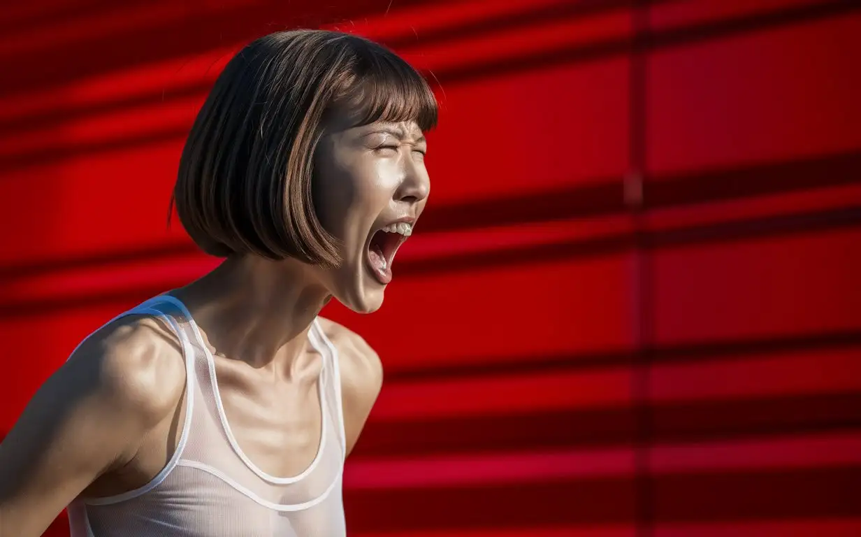 Depict the side profile of an Asian woman with a bob haircut, white sheer tank top，screaming, against a red background, realistic photo, daytime