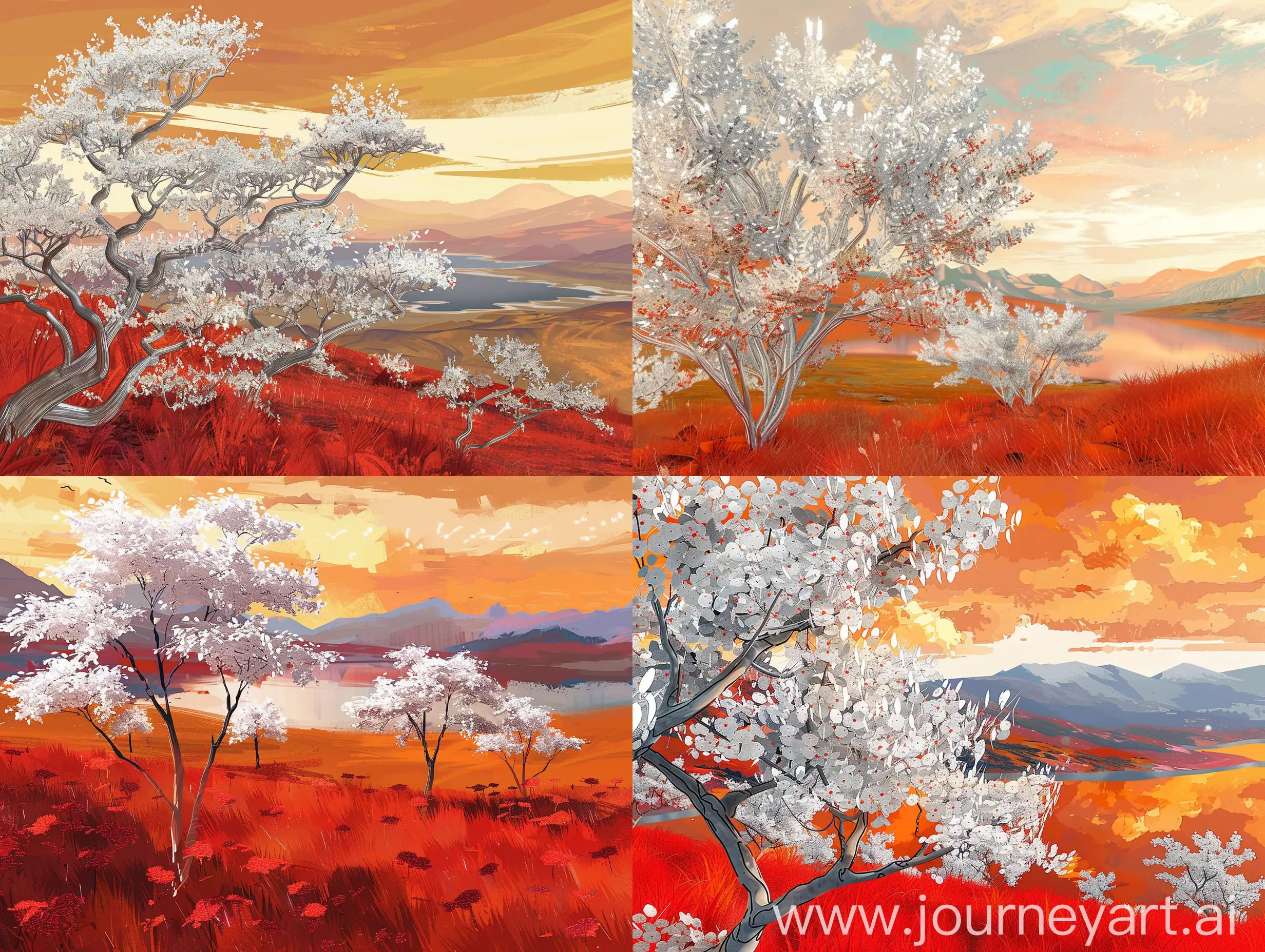 concept art of a landscape, silver cherry-blossom type trees, red grass, orange sky and lake, distant mountains