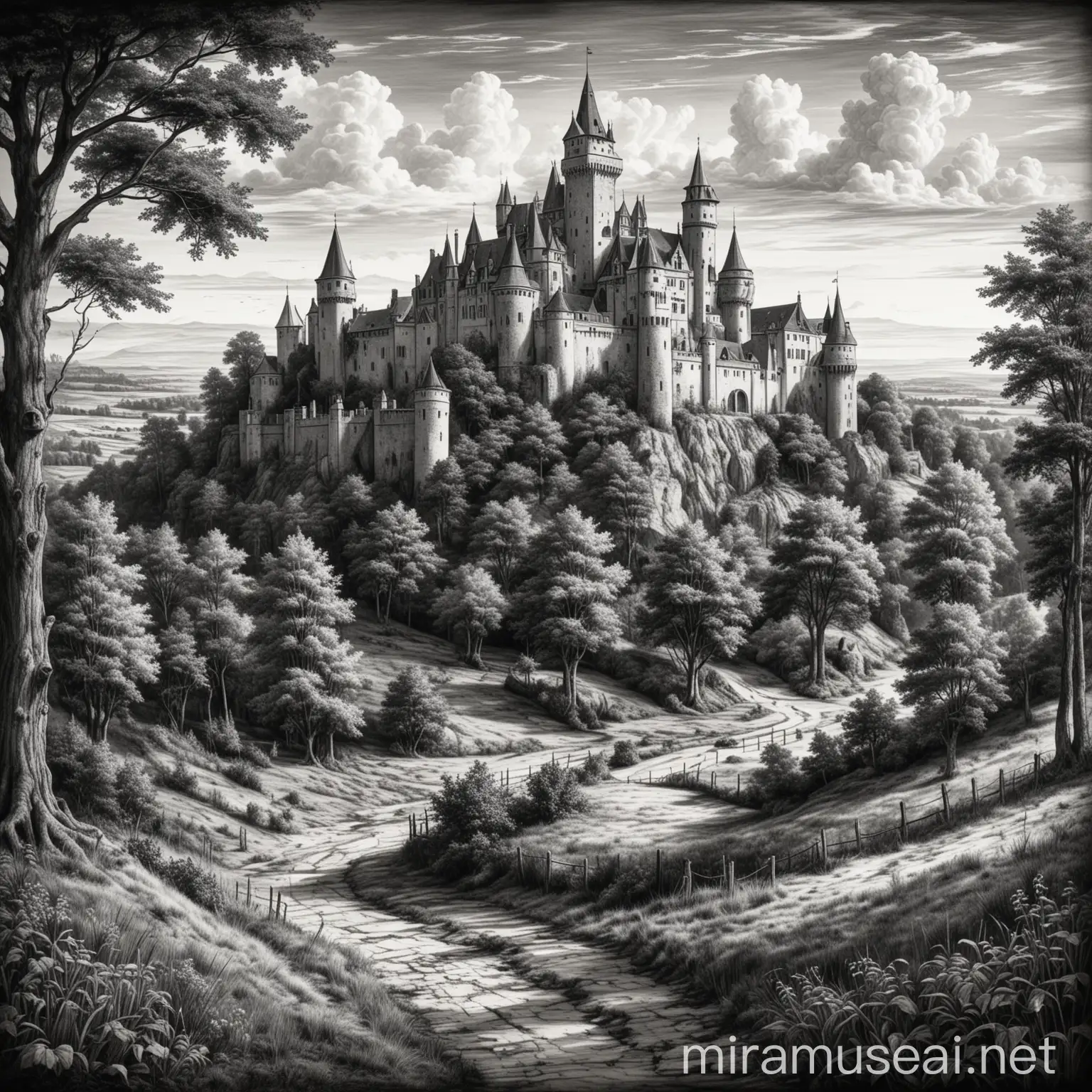 dibujo en blanco y negro de comarca con castillo, estilo medieval