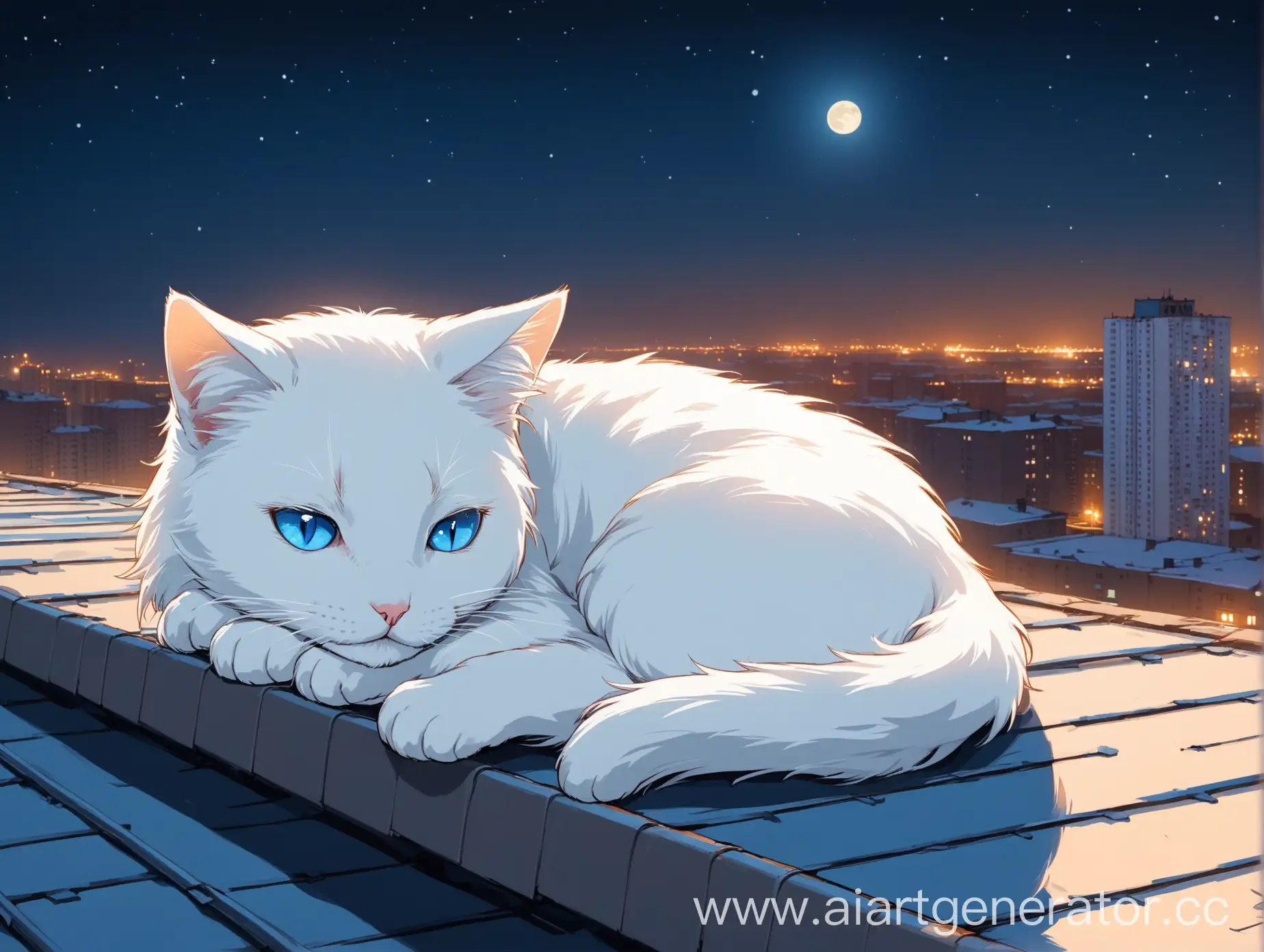 Белый кот с голубыми глазами спит на крыше российской многоэтажки, Россия хрущевка, ночь