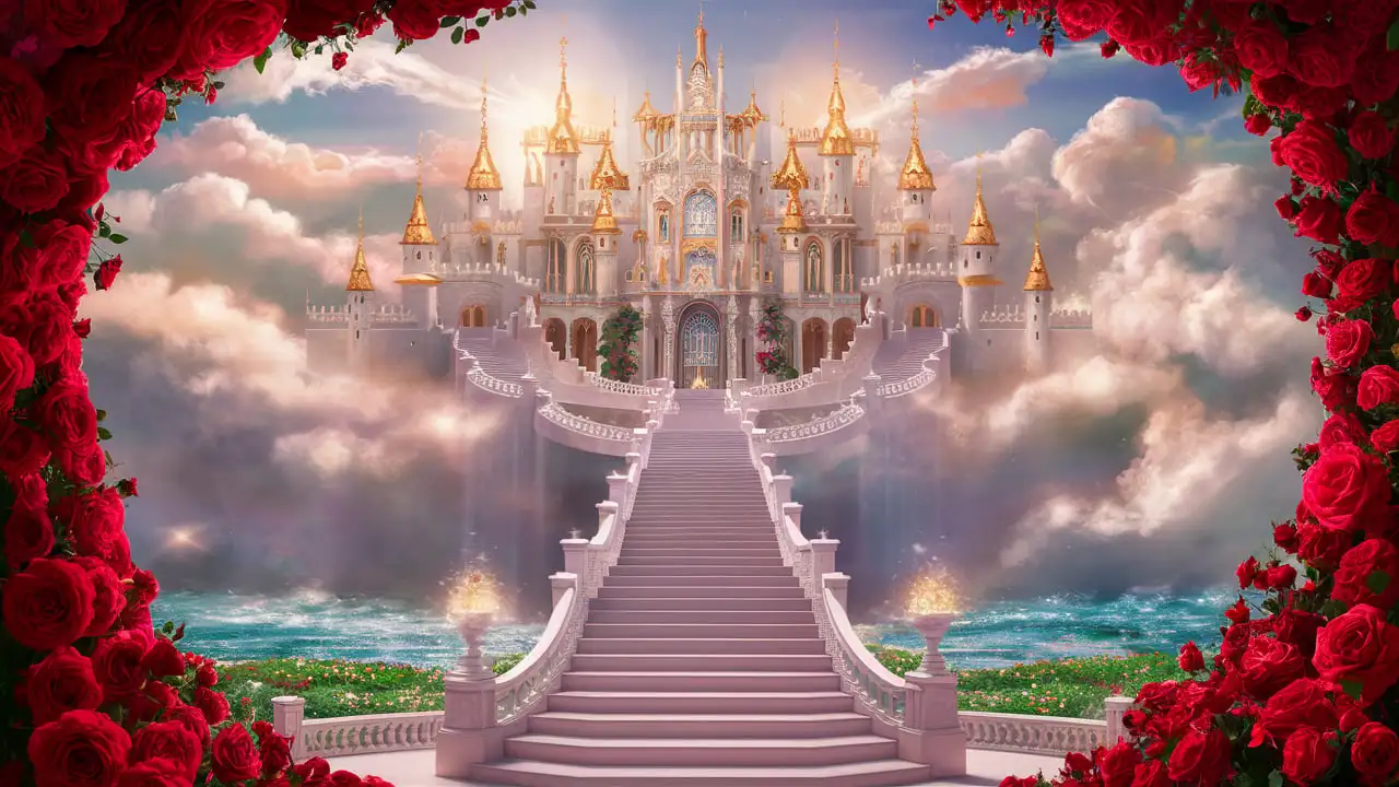 Heavenly castle background with stairwell leading into the clouds of heaven with red roses with garden of waters background 