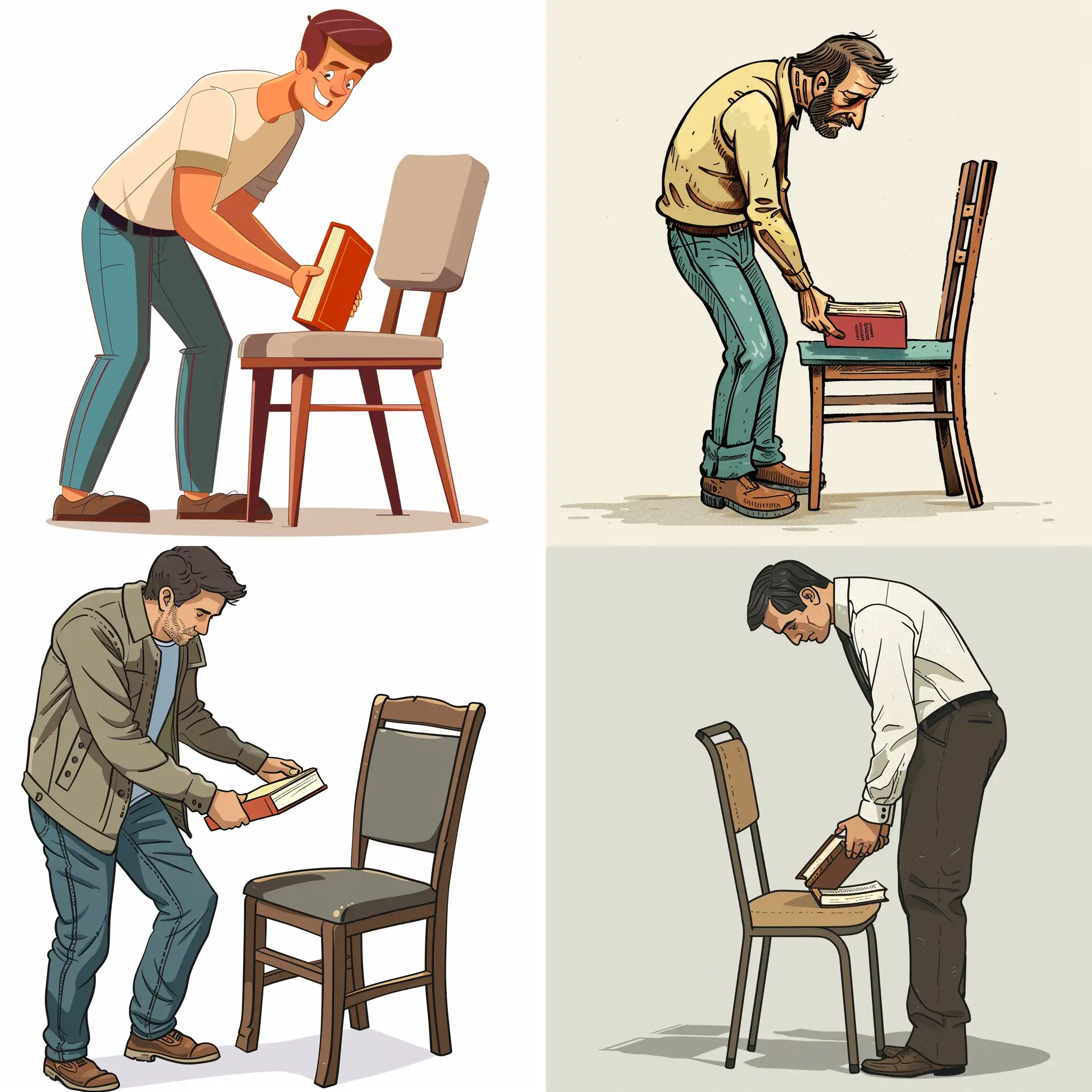 卡通风格，一个男人把一本书落在座椅上