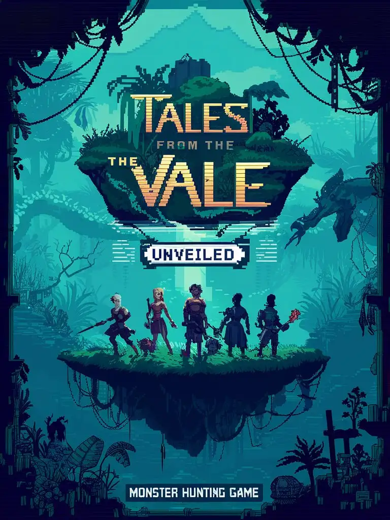 STYLIZED PIXEL ART TOP DOWN RETRO GAME COVER ART OF adventurer party facing ENIGMATIC MISTY FANTASY JUNGLE ISLANDS TITLED GAME ART "TALES FROM THE VALE" AND IN LARGE TEXT "UNVEILED" as main title BELOW, MONSTER hunting GAME